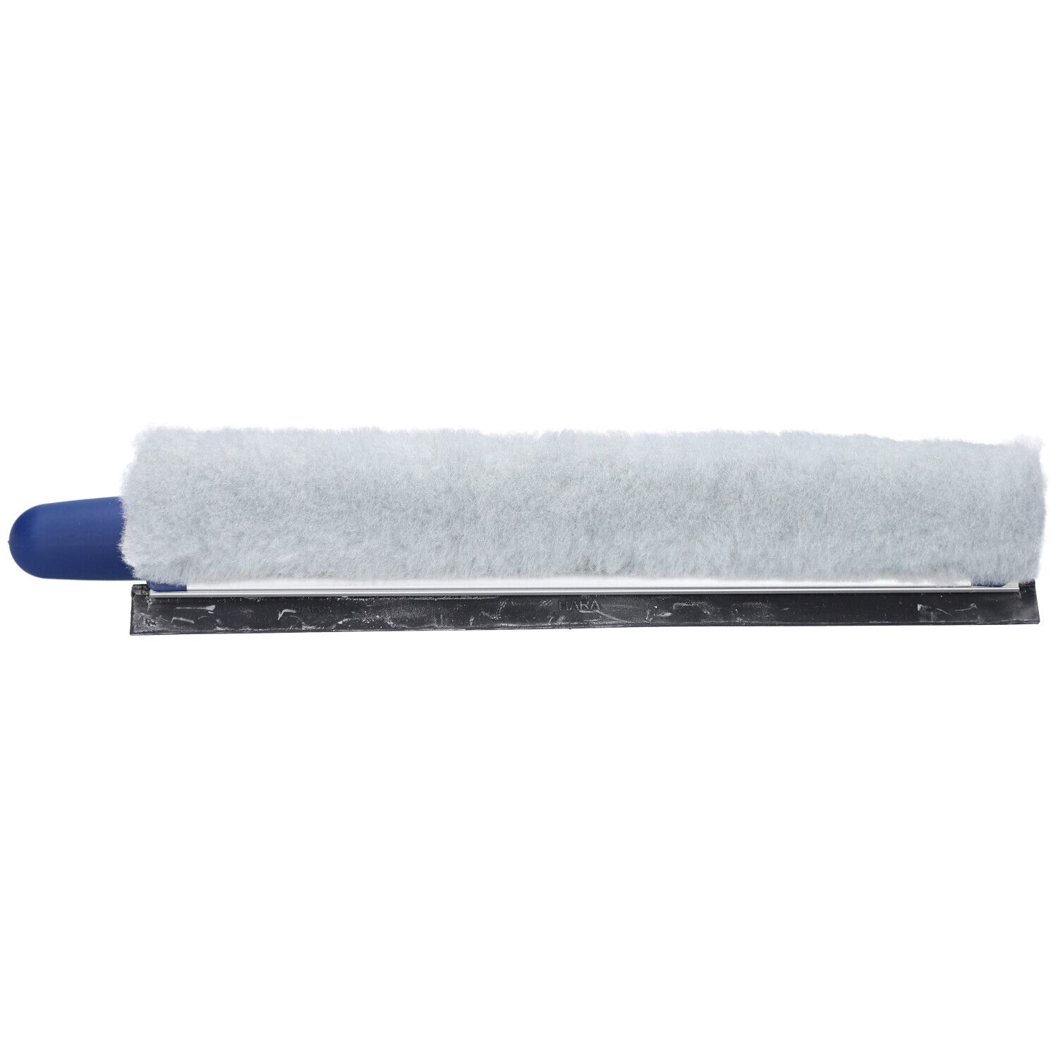 Raclette de fenêtre avec manche bleu et revêtement gris. Lame en caoutchouc noire.