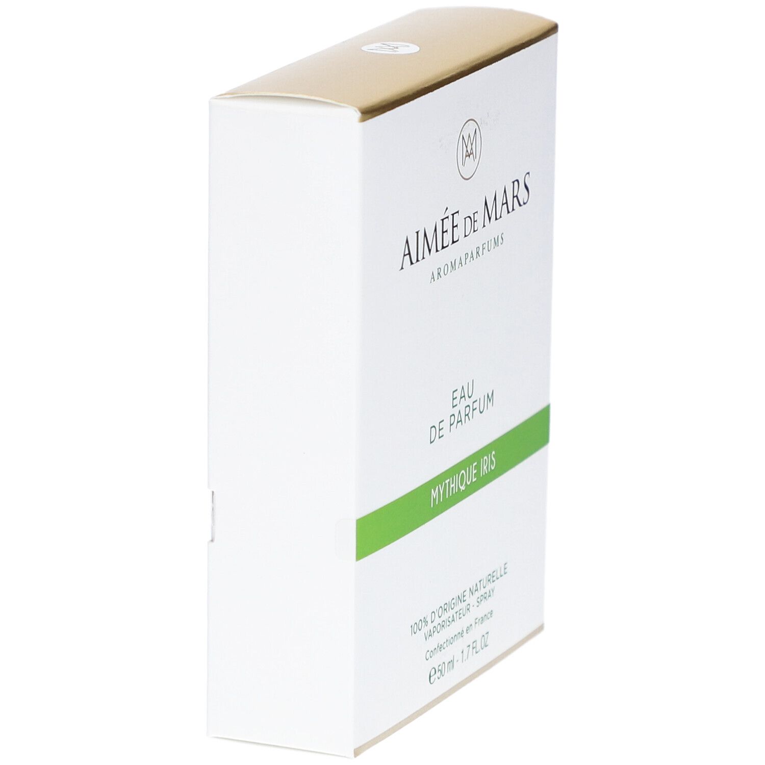 Witte doos met gouden bovenkant. Opschrift: Aimée de Mars, Eau de Parfum Mythique Iris. Groene lijn.