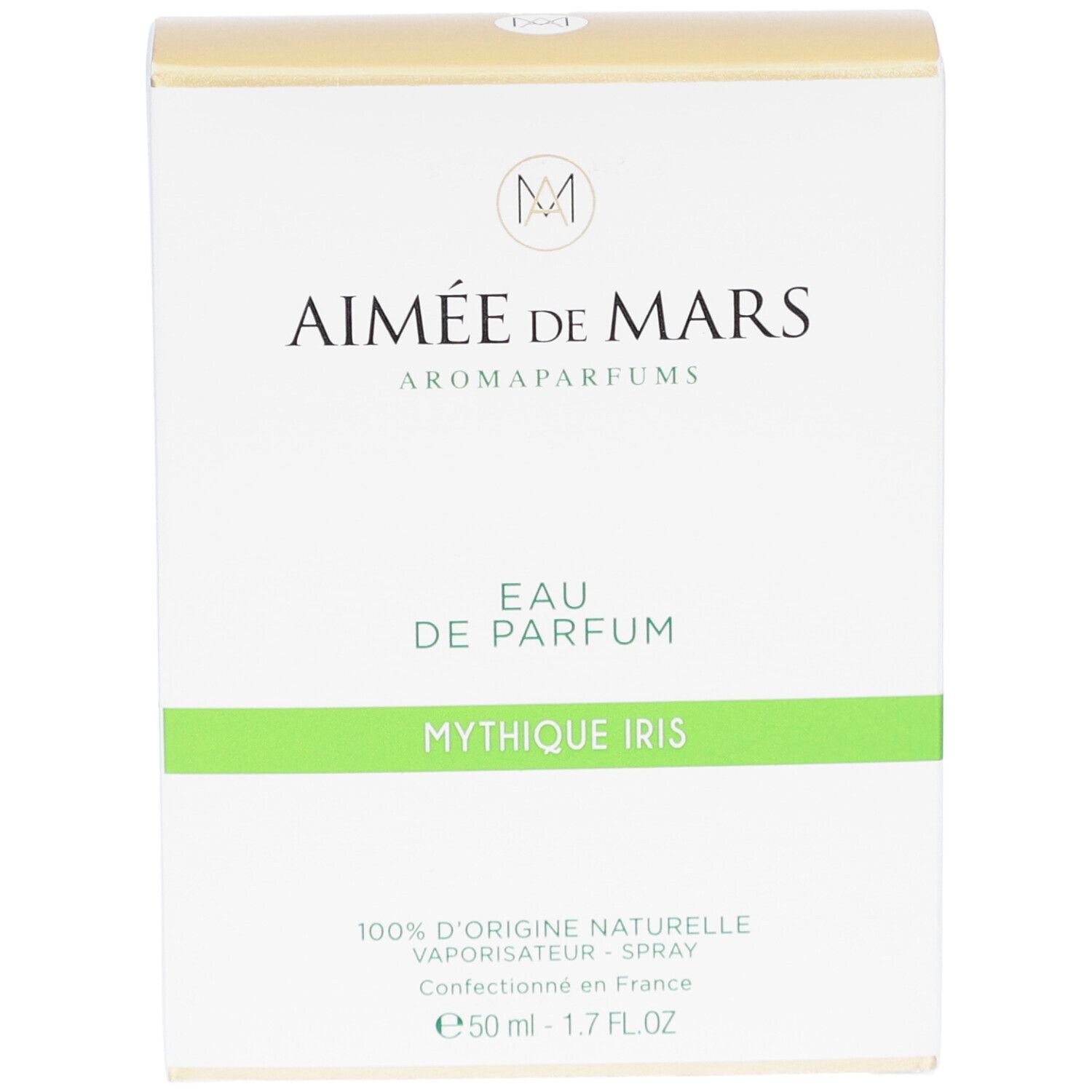 Witte doos met gouden bovenkant. Opschrift: Aimée de Mars, Eau de Parfum Mythique Iris. Groene lijn.