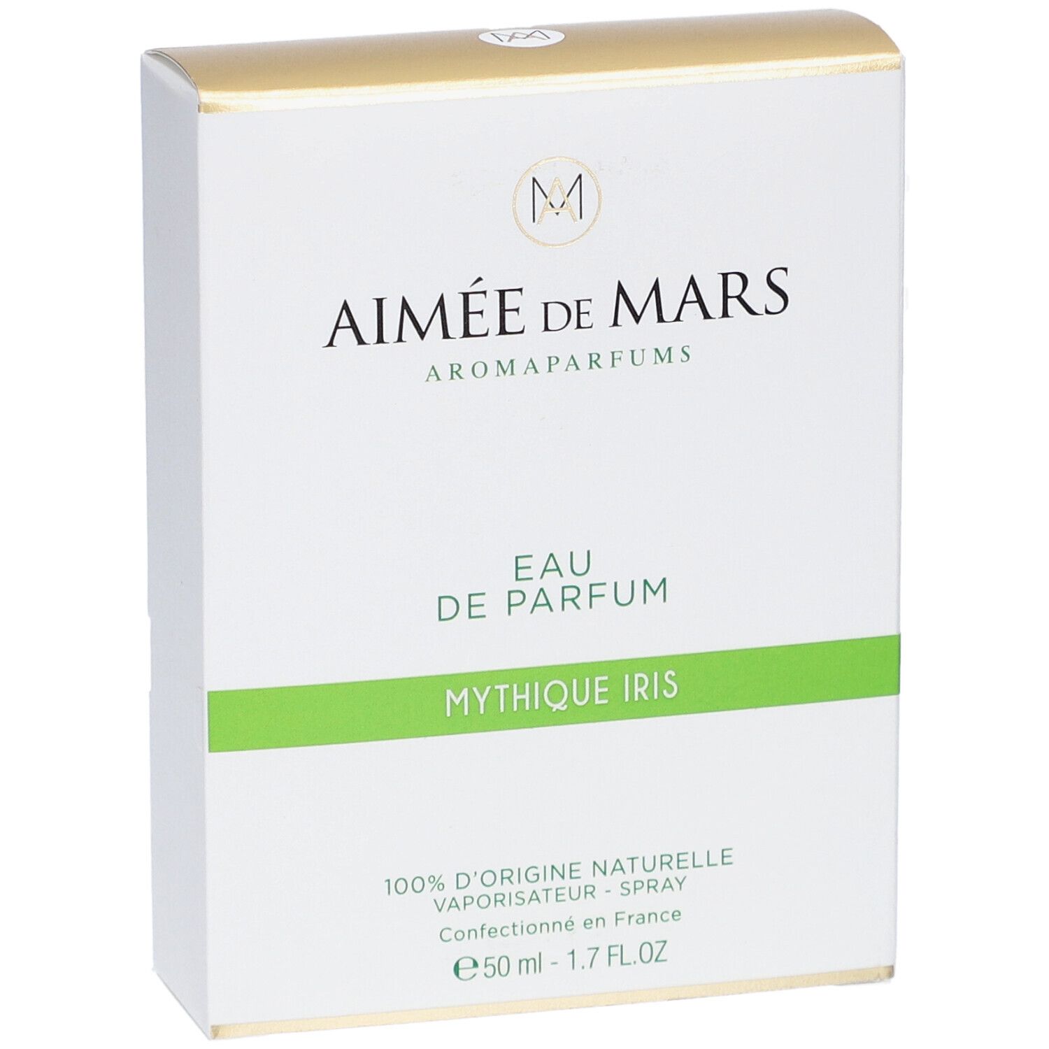 Witte doos met gouden bovenkant. Opschrift: Aimée de Mars, Eau de Parfum Mythique Iris. Groene lijn.