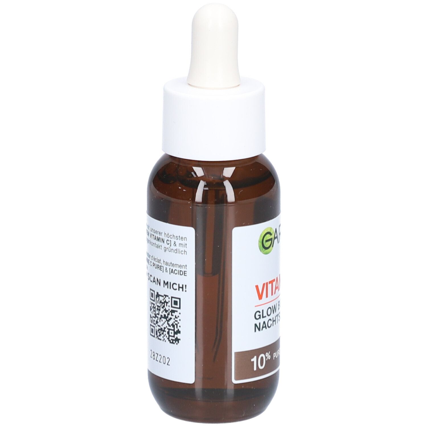 Bruine glazen fles met witte dop en pipet. Etiket met tekst en QR-code. Productnaam niet zichtbaar.