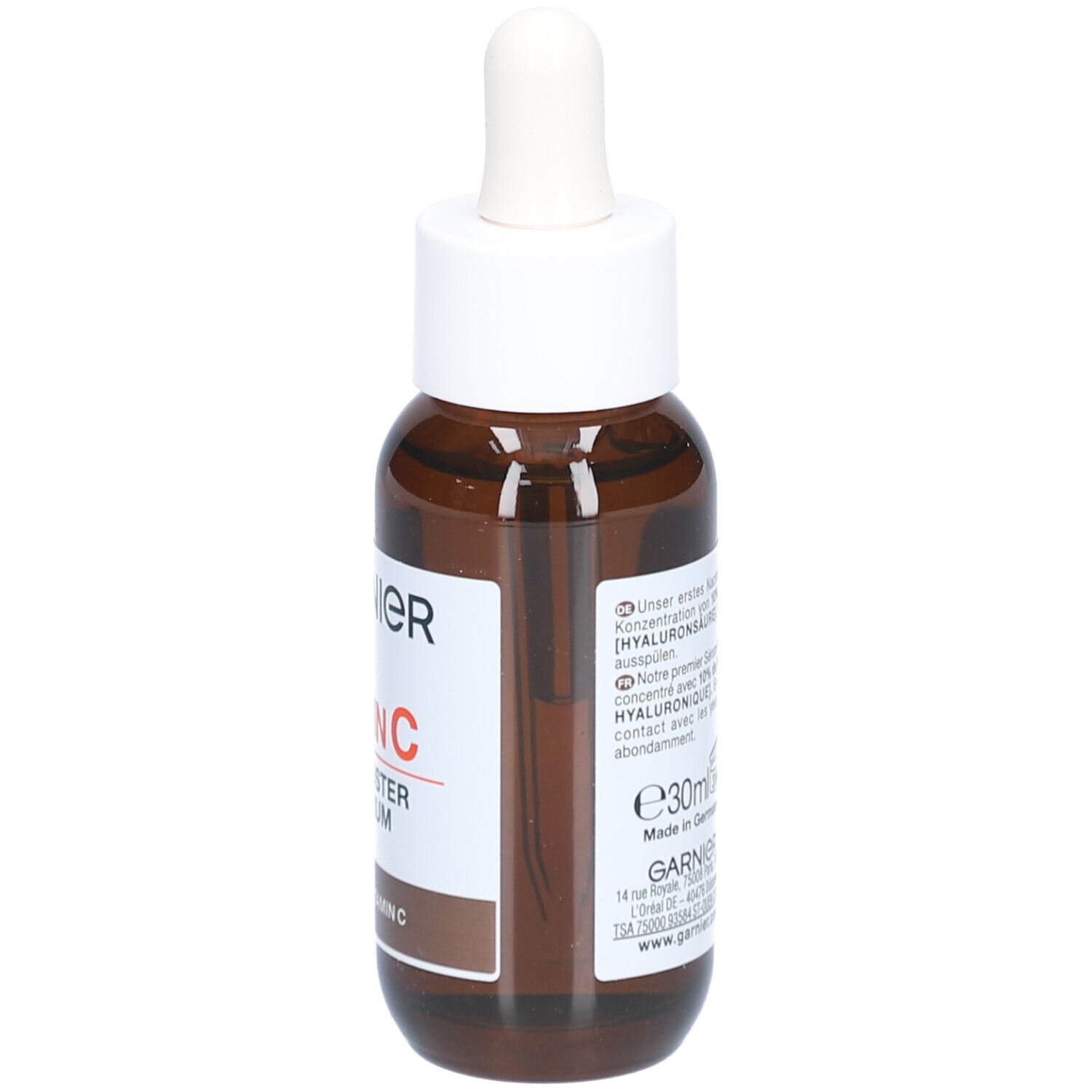 Bruine glazen fles met witte dop en pipet. Etiket met tekst en volume-aanduiding. Productnaam niet zichtbaar.