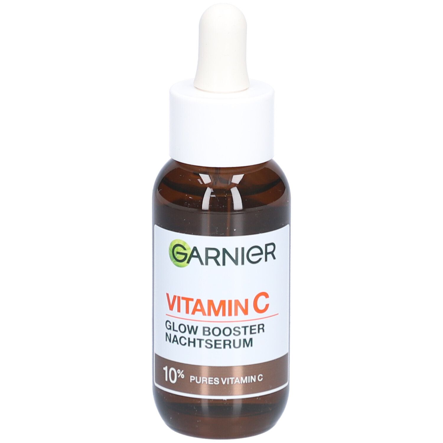 Bruine glazen fles met witte dop en pipet. Etiket met productnaam en inhoudsindicatie. Merk Garnier zichtbaar.