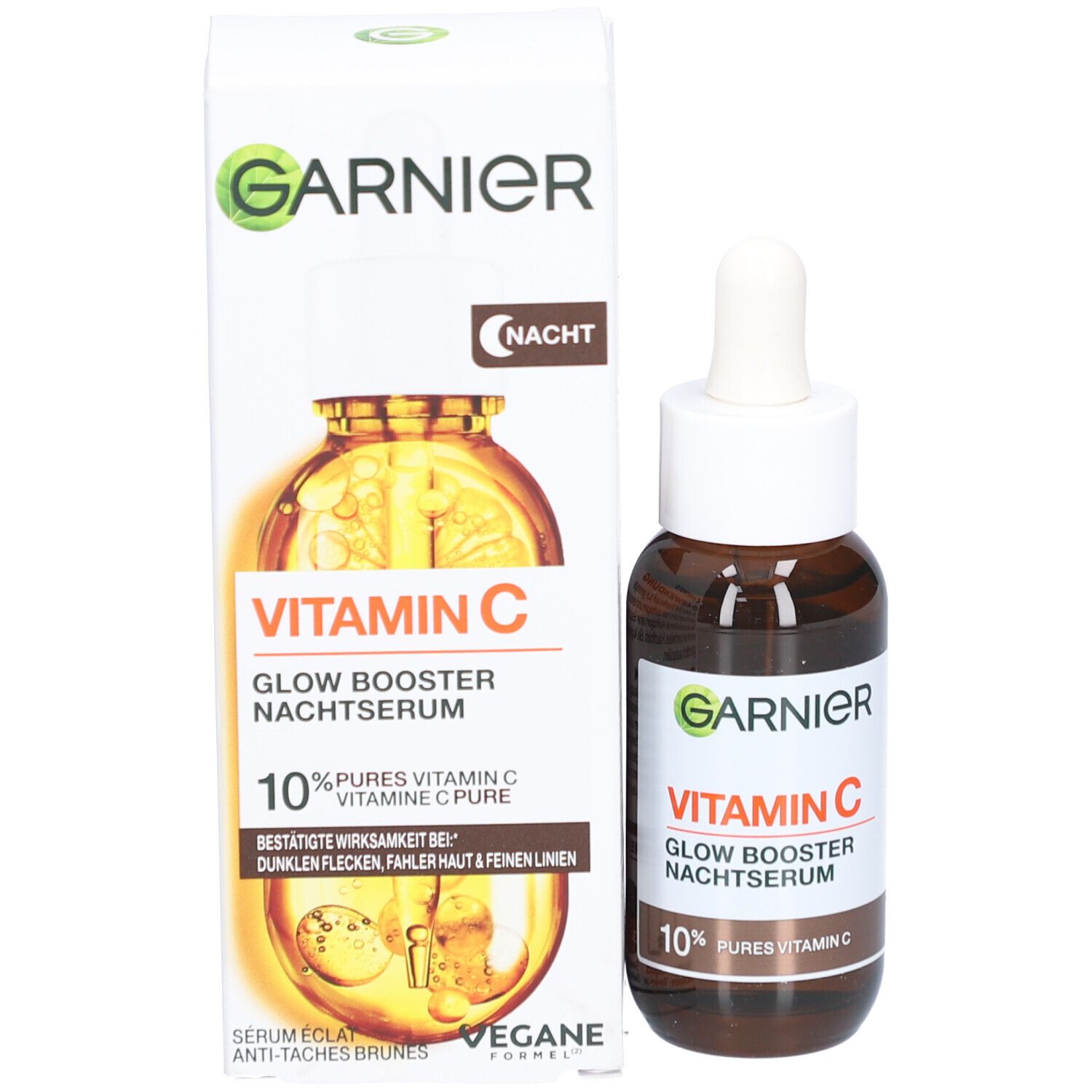 Productfles en verpakking. Fles met pipet, verpakking met productnaam en inhoudsindicatie. Merk Garnier zichtbaar.