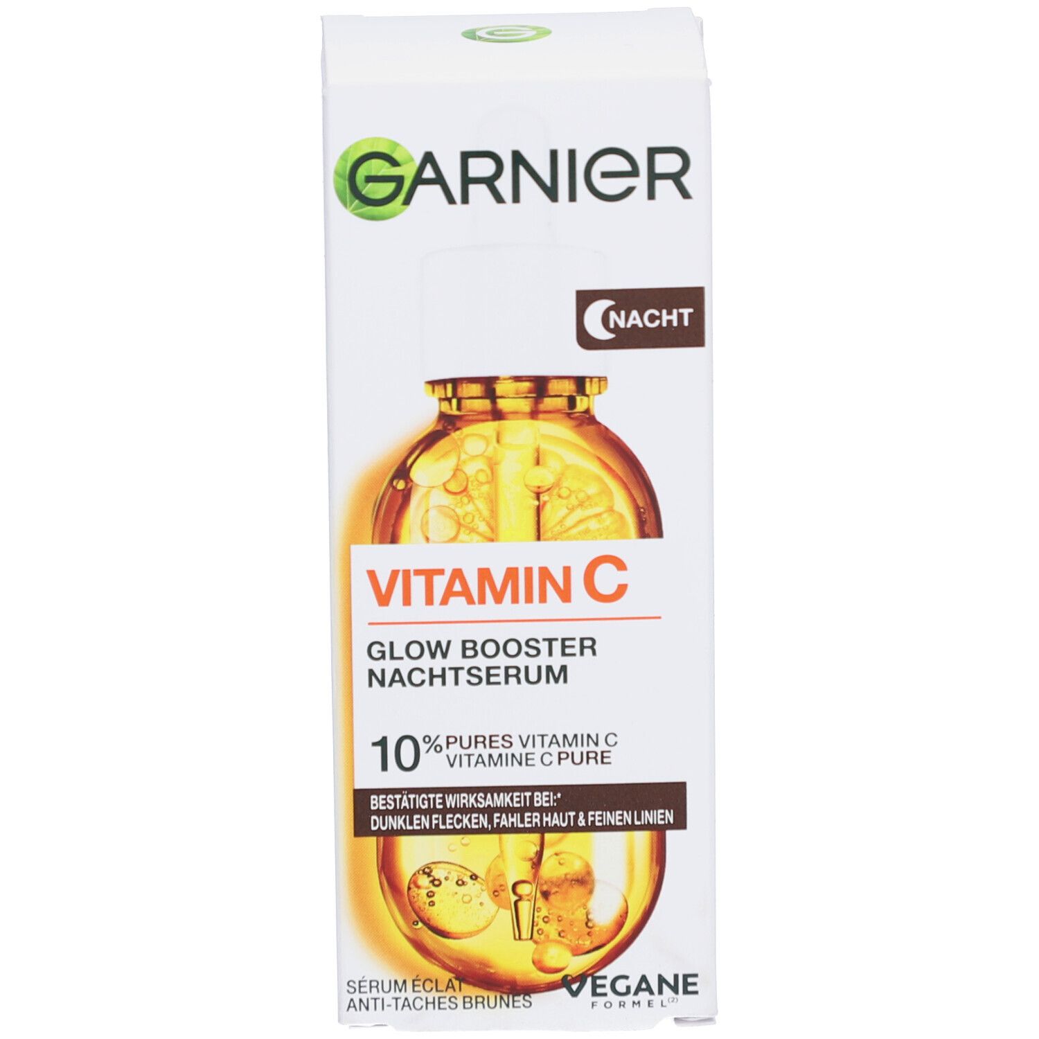 Productverpakking met productnaam en inhoudsindicatie. Merk Garnier zichtbaar. Een fles met pipet is afgebeeld.