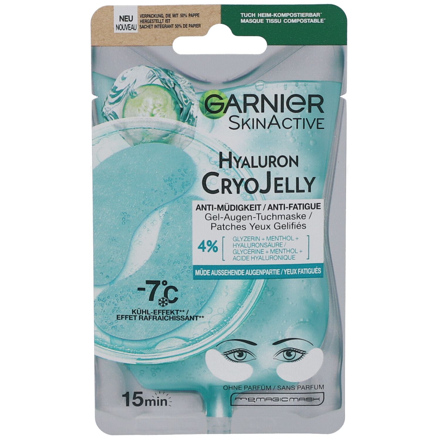Emballage de patchs yeux en gel. Marque Garnier SkinActive, Hyaluron Cryo Jelly. Texte : Anti-fatigue, 4%, -7°C.