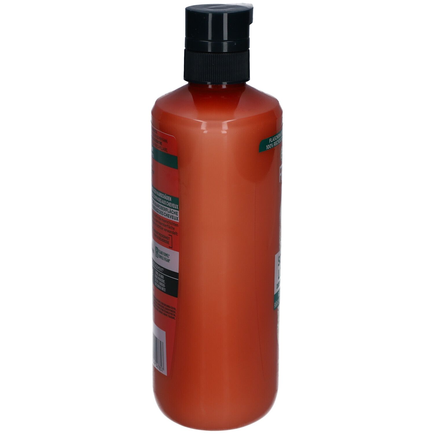 Oranje shampoo fles, zijaanzicht. Zwarte pomp. Labels met tekst.