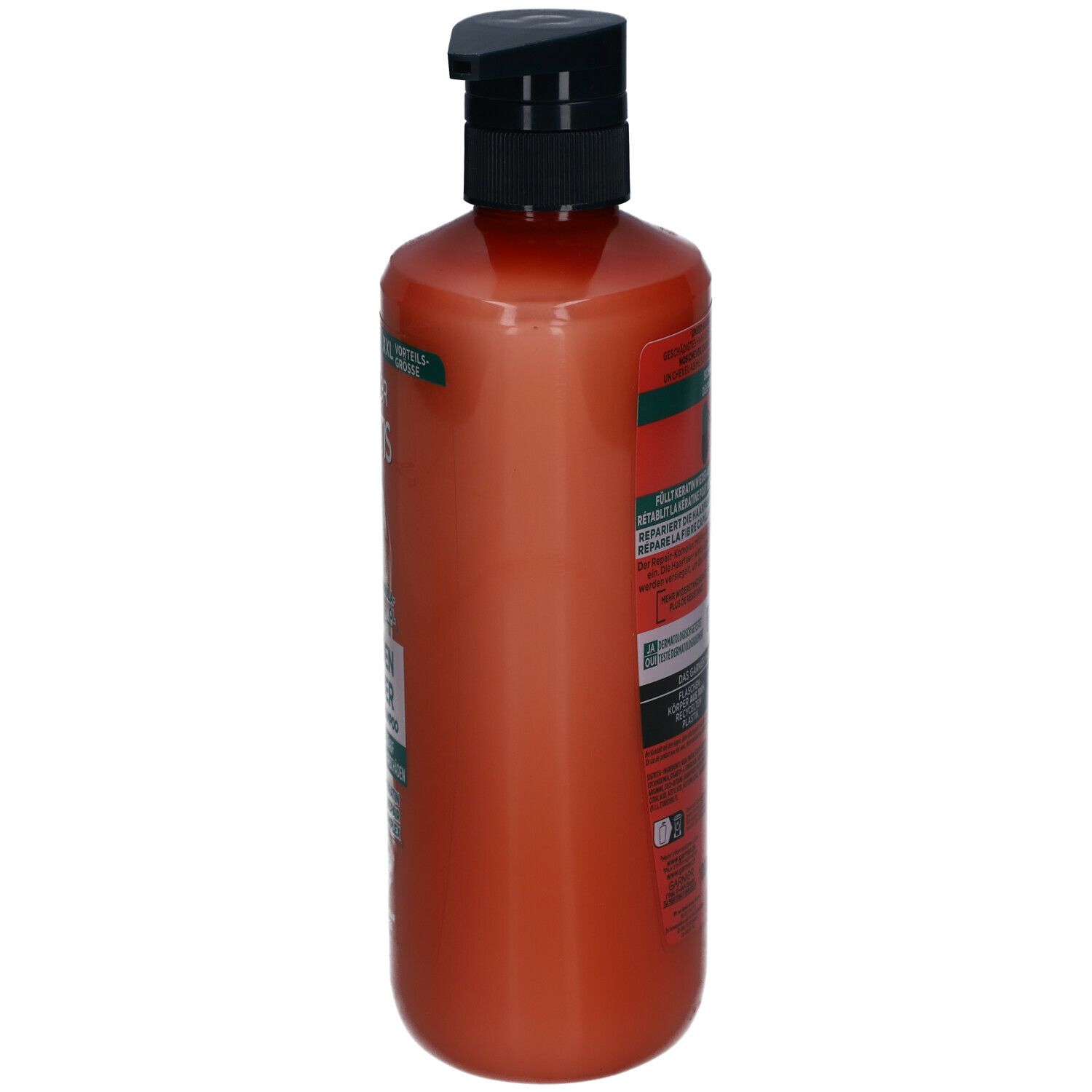 Oranje shampoo fles, zijaanzicht. Zwarte pomp. Labels met tekst.