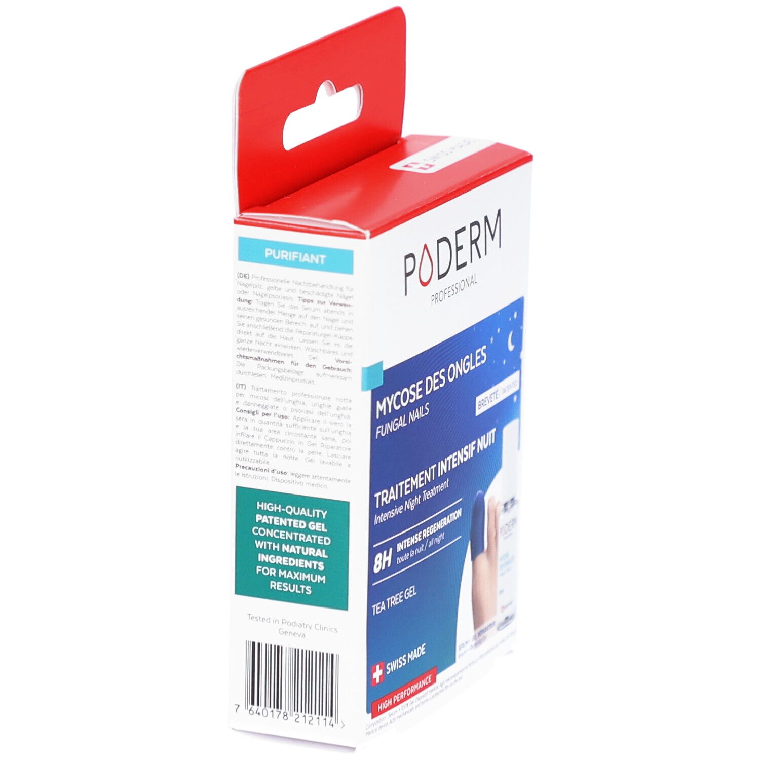 Vue latérale de la boîte Poderm. Texte: Mycose des Ongles, traitement de nuit. Gel de haute qualité avec ingrédients naturels. Swiss Made.