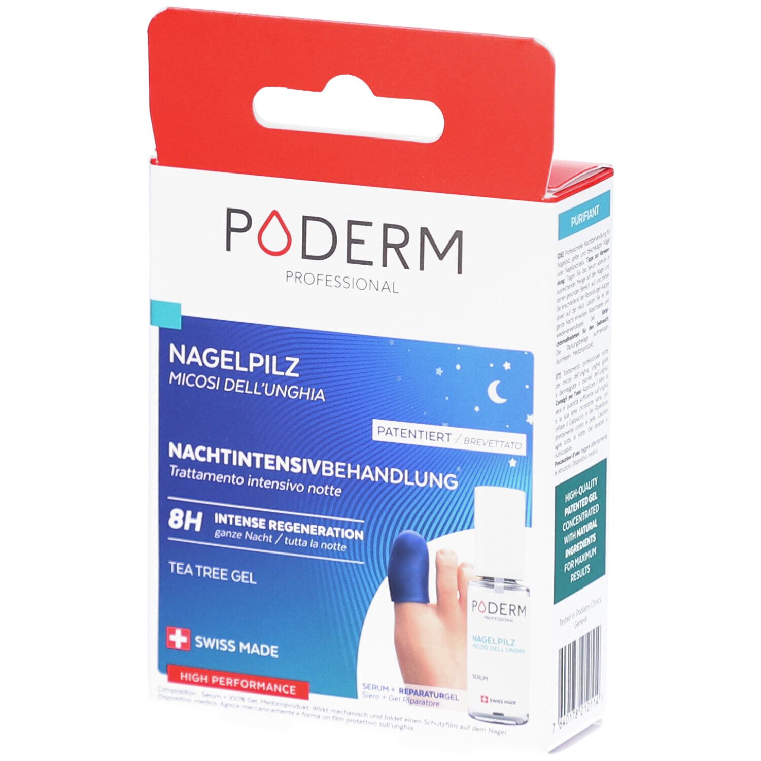 Boîte Poderm. Texte: Mycoses des ongles, traitement intensif nuit, 8H régénération, Tea Tree Gel. Swiss Made. Breveté.