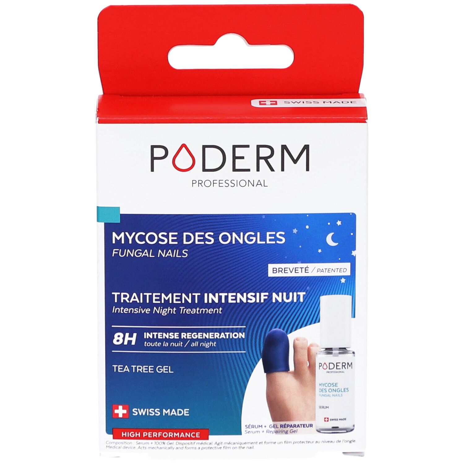 Boîte Poderm. Texte: Mycoses des ongles, traitement intensif nuit, 8H régénération, Tea Tree Gel. Swiss Made. Breveté.