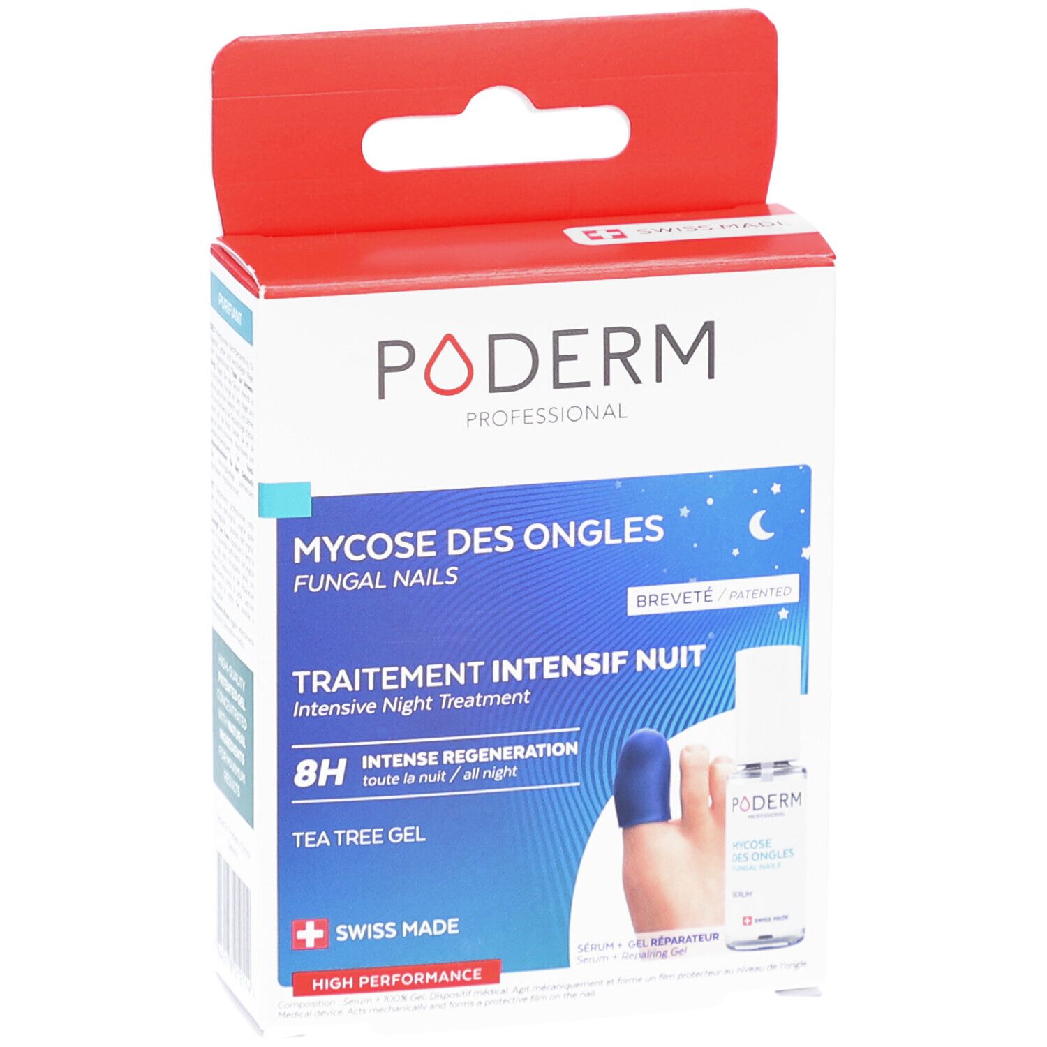 Boîte Poderm. Texte: Mycoses des ongles, traitement intensif nuit, 8H régénération, Tea Tree Gel. Swiss Made. Breveté.