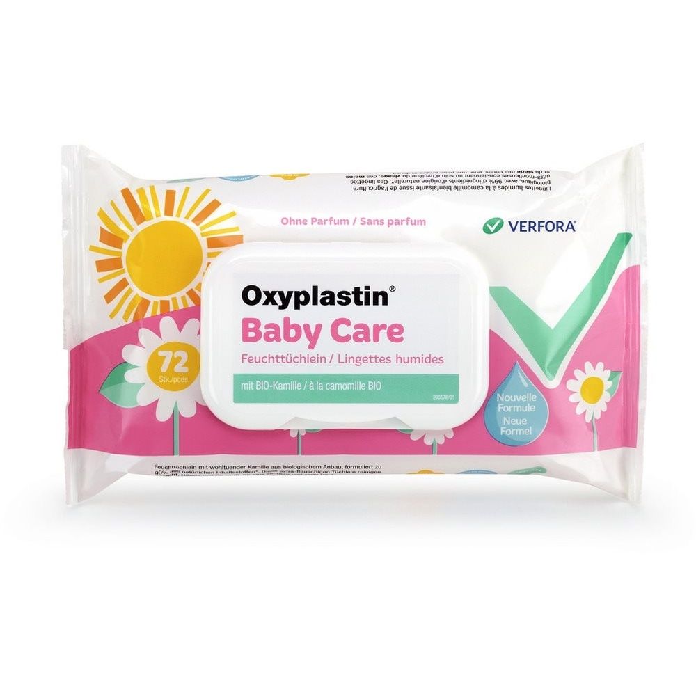 Verpakking OXYPLASTIN Baby Care vochtige doekjes. 72 doekjes. Zonder parfum. Met kamille. Verfora-logo.