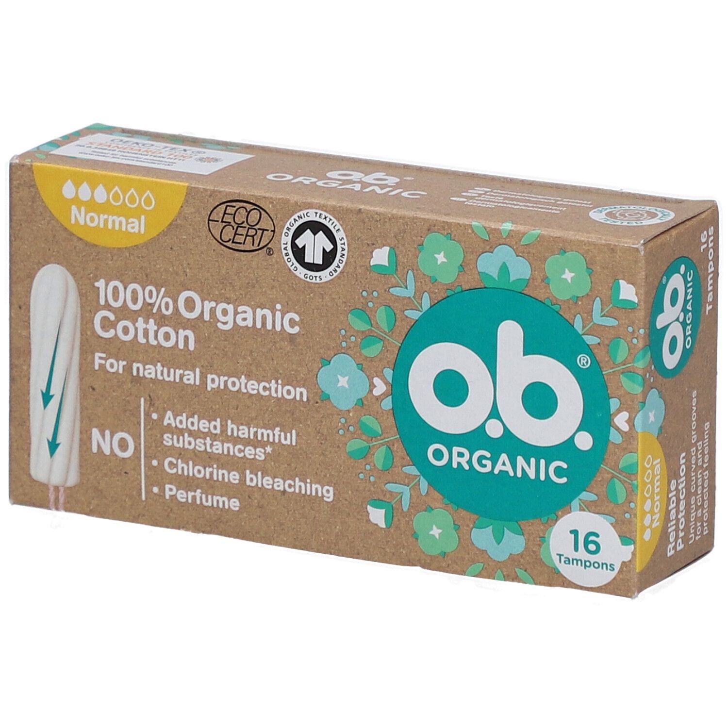 Doosje O.B. Organic tampons, 100% biologisch katoen, 16 stuks. Certificeringen: Ecocert, Textile Exchange.