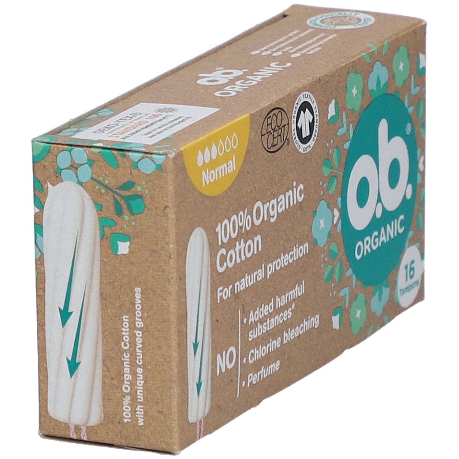 Schuin geplaatste verpakking tampons. O.B. Organic, 100% biologisch katoen. Zichtbaar: tampon met groeven.