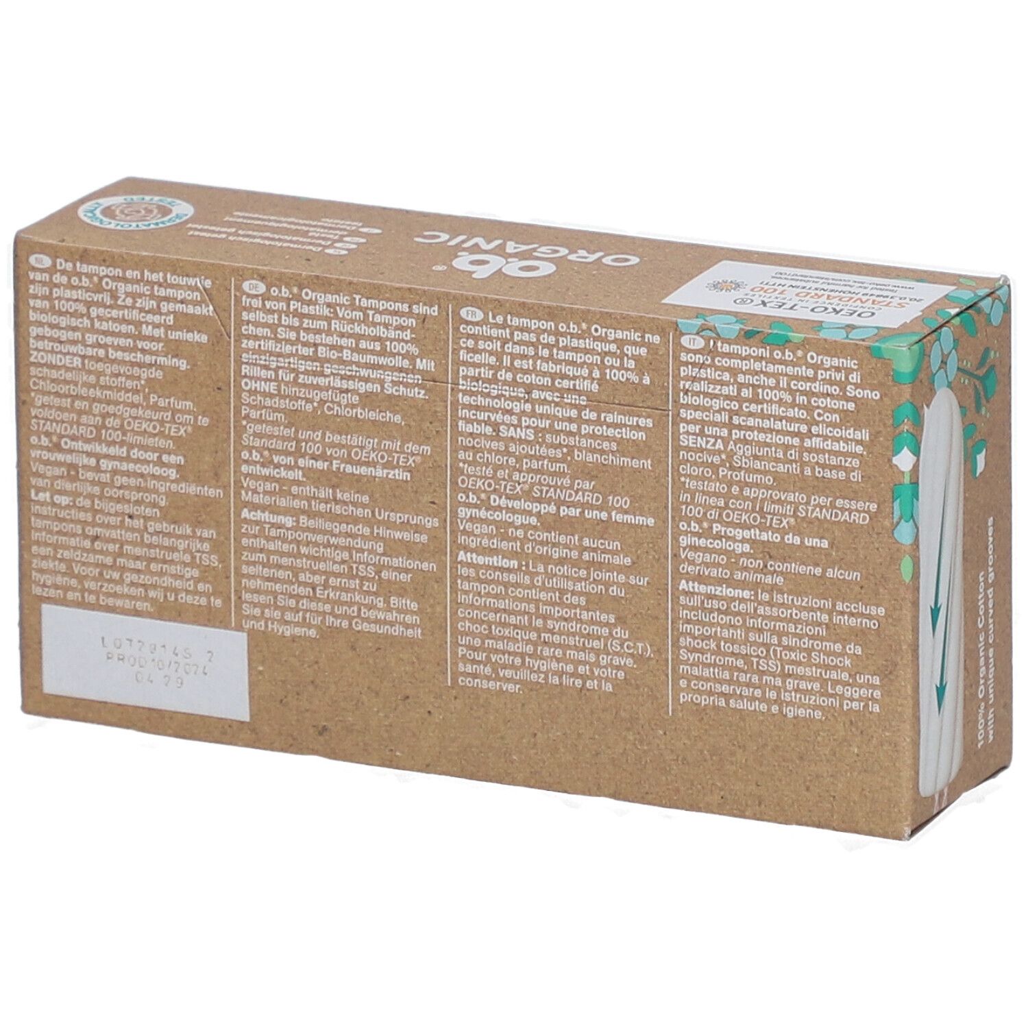 Achterkant van de tamponverpakking. Tekst in het Duits, Frans, Italiaans en Nederlands. Certificeringen.