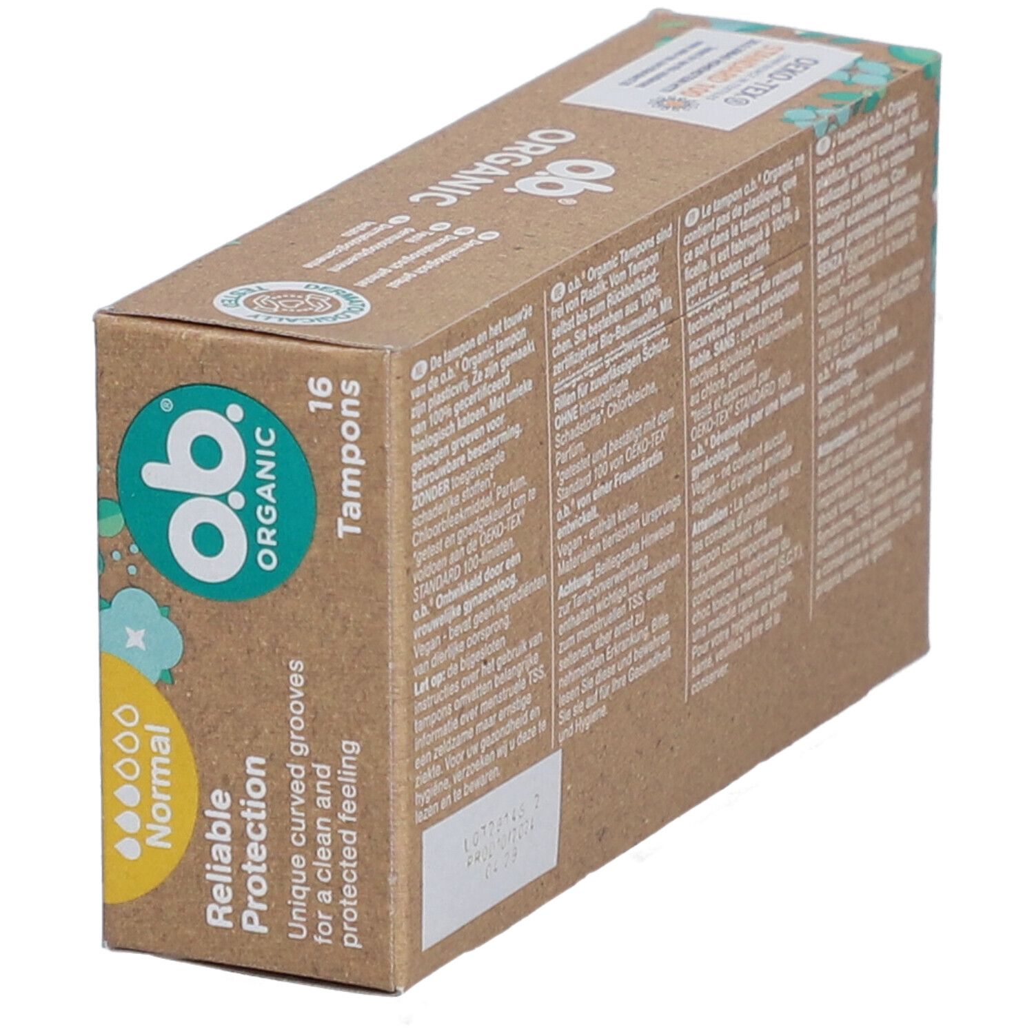 Schuin geplaatste tamponverpakking. O.B. Organic, 16 tampons. Tekst in het Duits, Frans, Italiaans, Nederlands.