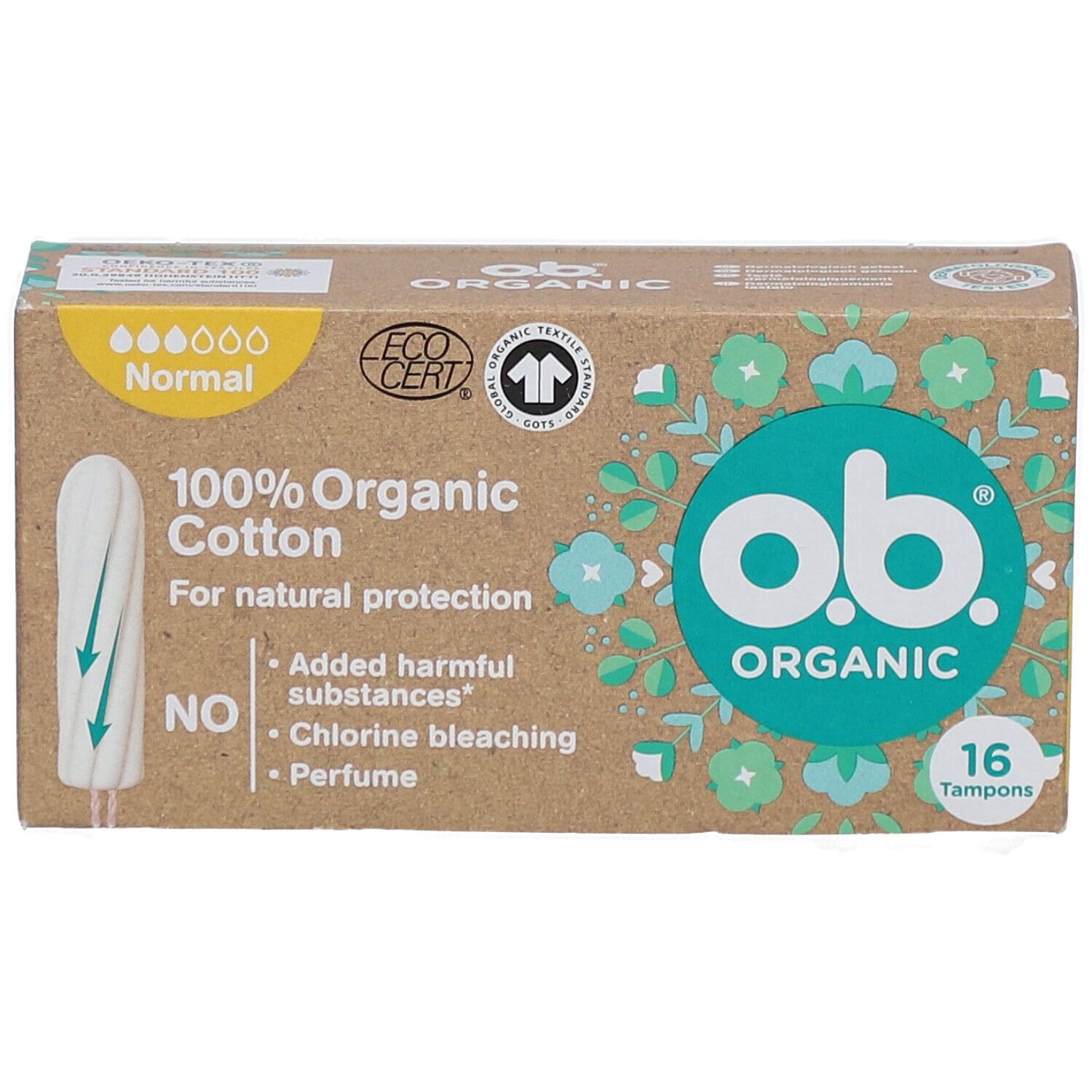 Doosje O.B. Organic tampons, 100% biologisch katoen, 16 stuks. Certificeringen: Ecocert, Textile Exchange.