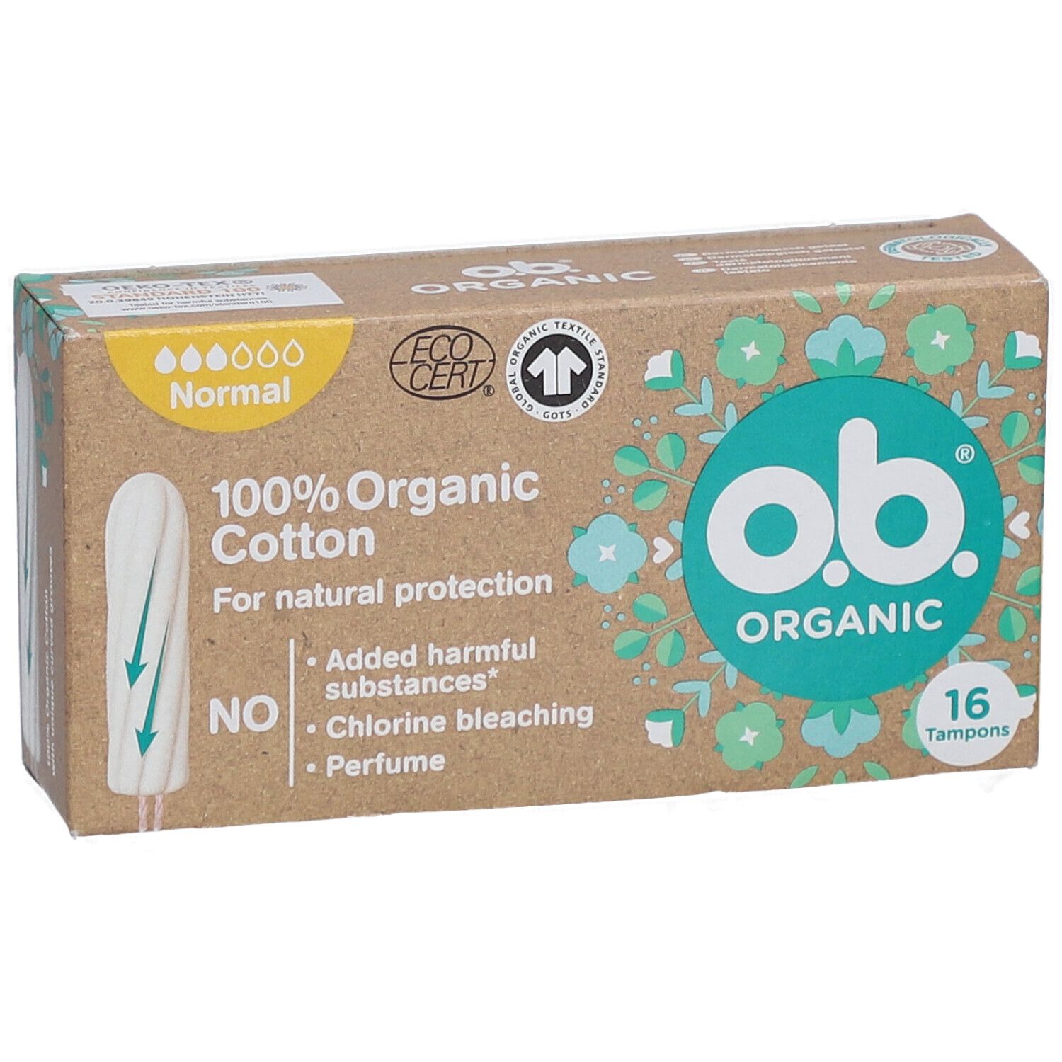 Doosje O.B. Organic tampons, 100% biologisch katoen, 16 stuks. Certificeringen: Ecocert, Textile Exchange.