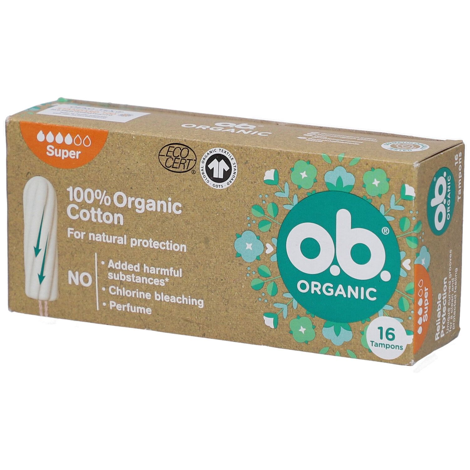 Doosje o.b. Organic tampons. 16 stuks. 100% biologisch katoen. Super. Eco-certificering. Geen schadelijke stoffen.