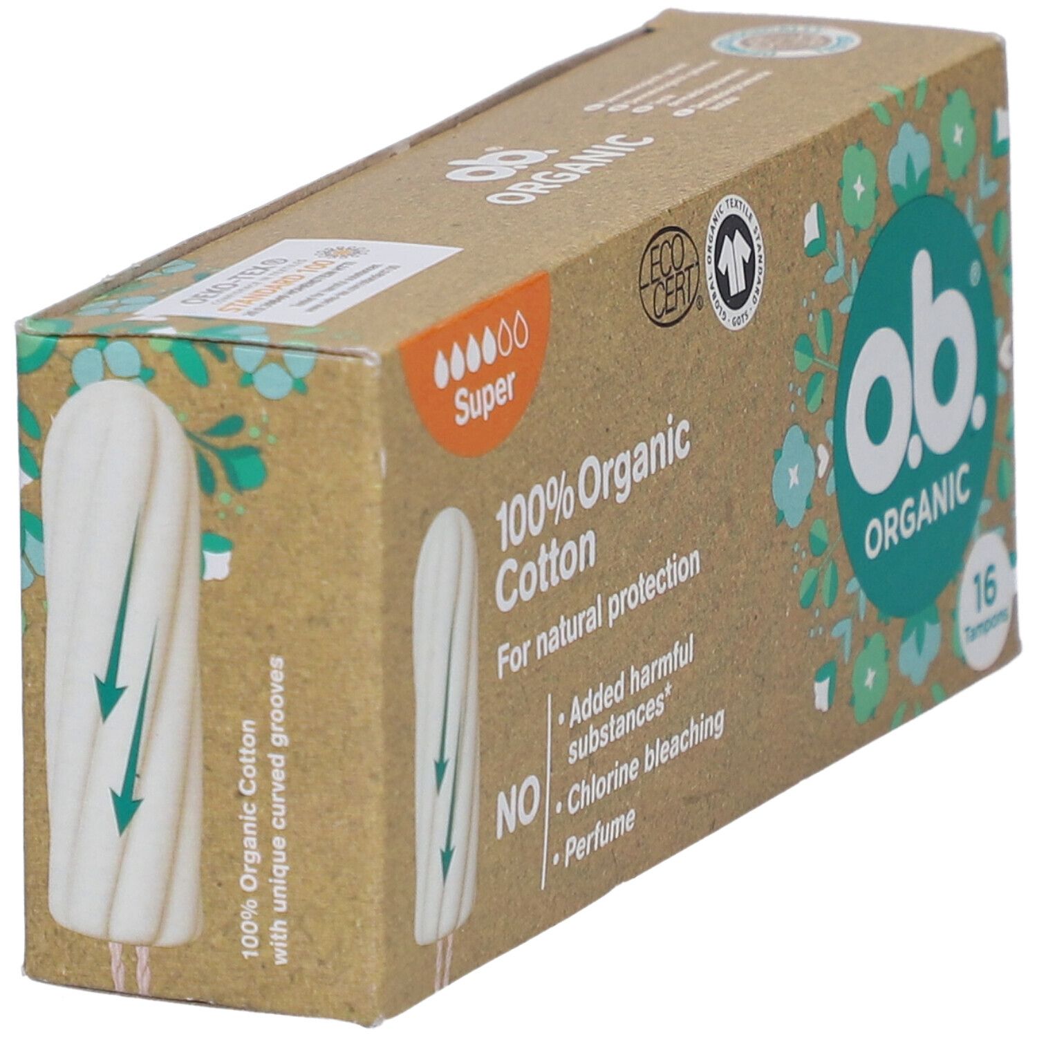 Doosje o.b. Organic tampons. 16 stuks. 100% biologisch katoen. Super. Eco-certificering. Geen schadelijke stoffen.