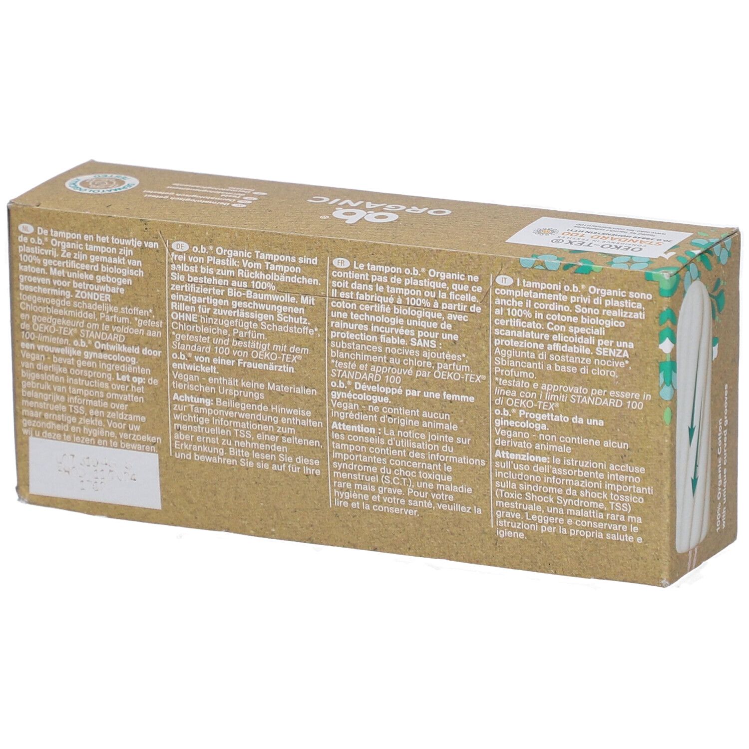 Achterkant van de tamponverpakking. Tekst in het Duits, Italiaans, Nederlands en Frans. Merk: o.b. Organic.