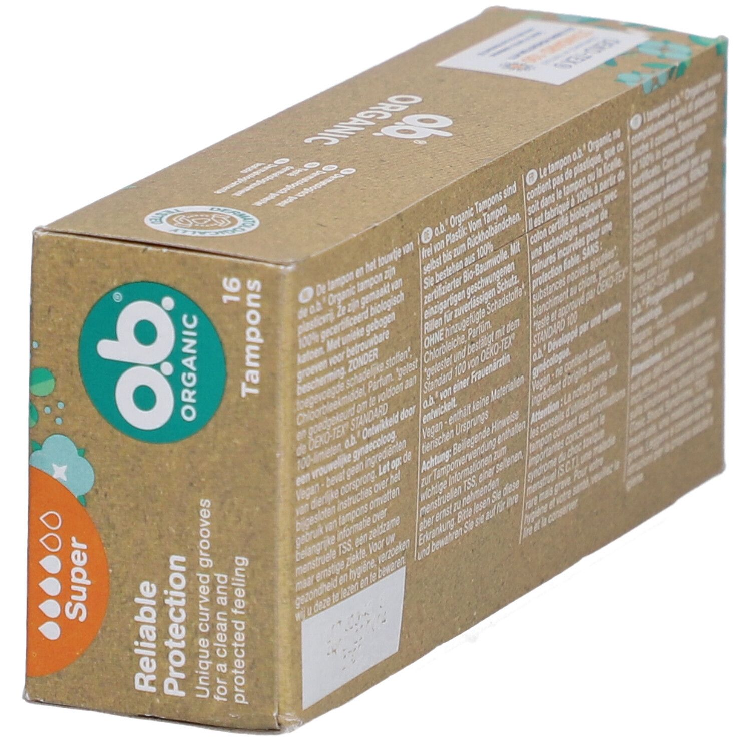 Doosje o.b. Organic tampons. 16 stuks. 100% biologisch katoen. Super. Eco-certificering. Geen schadelijke stoffen.