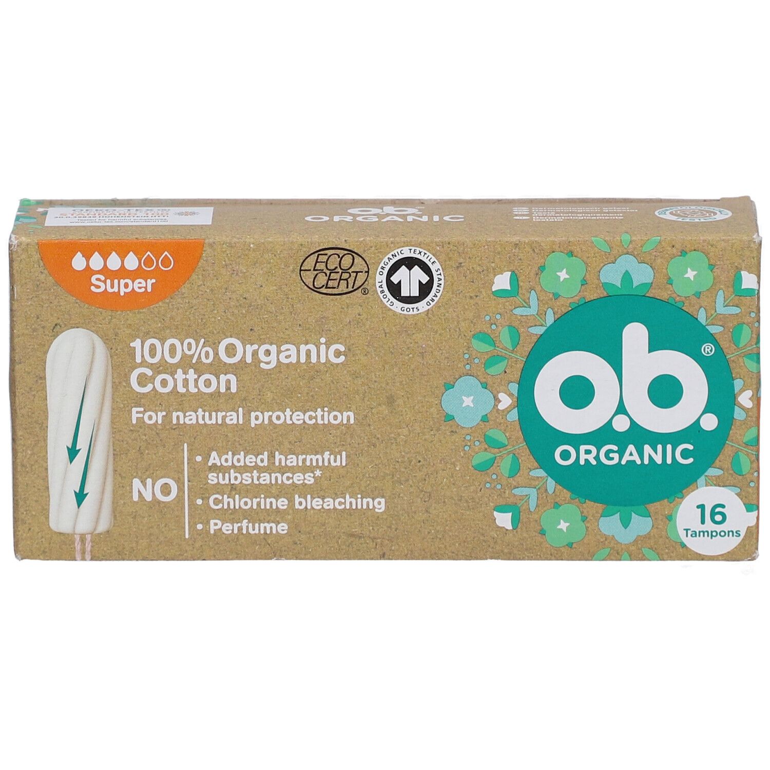 Doosje o.b. Organic tampons. 16 stuks. 100% biologisch katoen. Super. Eco-certificering. Geen schadelijke stoffen.