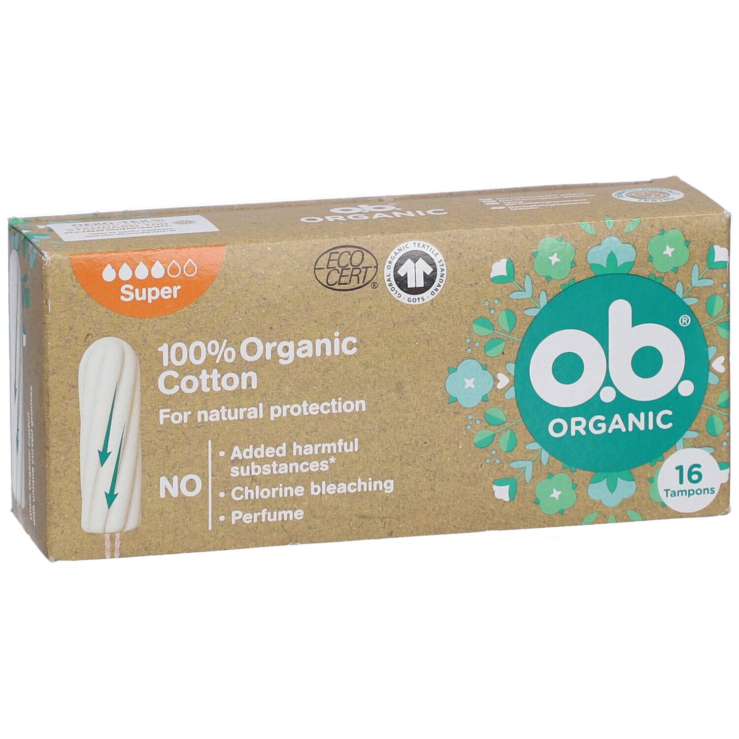 Doosje o.b. Organic tampons. 16 stuks. 100% biologisch katoen. Super. Eco-certificering. Geen schadelijke stoffen.