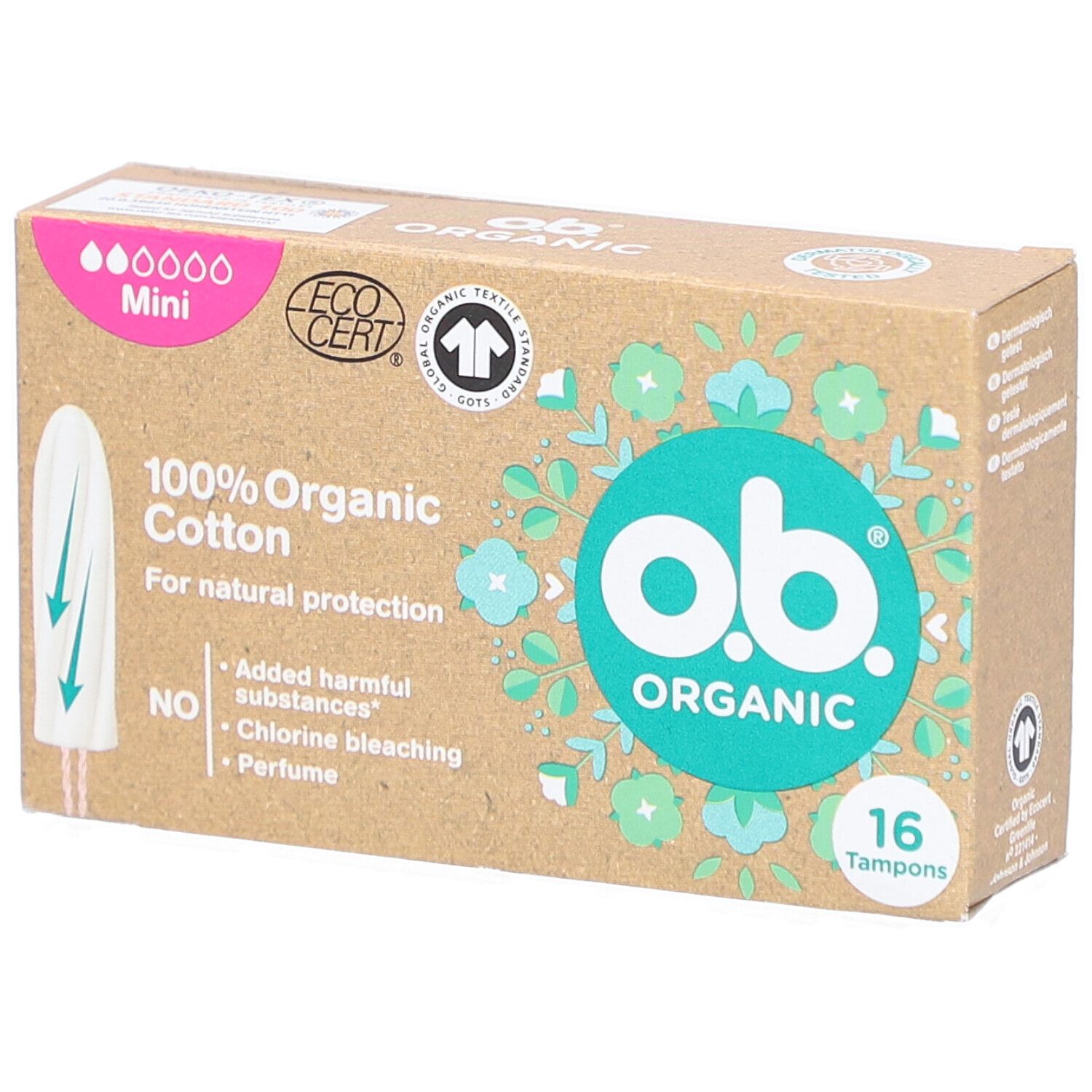Doosje O.B. Organic Mini tampons. 16 stuks. 100% biologisch katoen. Gecertificeerd door EcoCert.