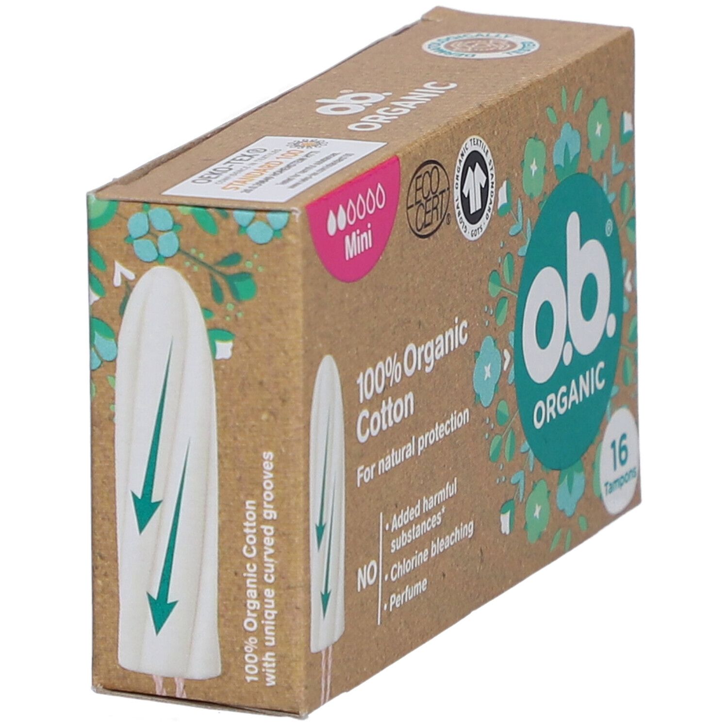 Doosje O.B. Organic Mini tampons. 16 stuks. 100% biologisch katoen. Gecertificeerd door EcoCert.