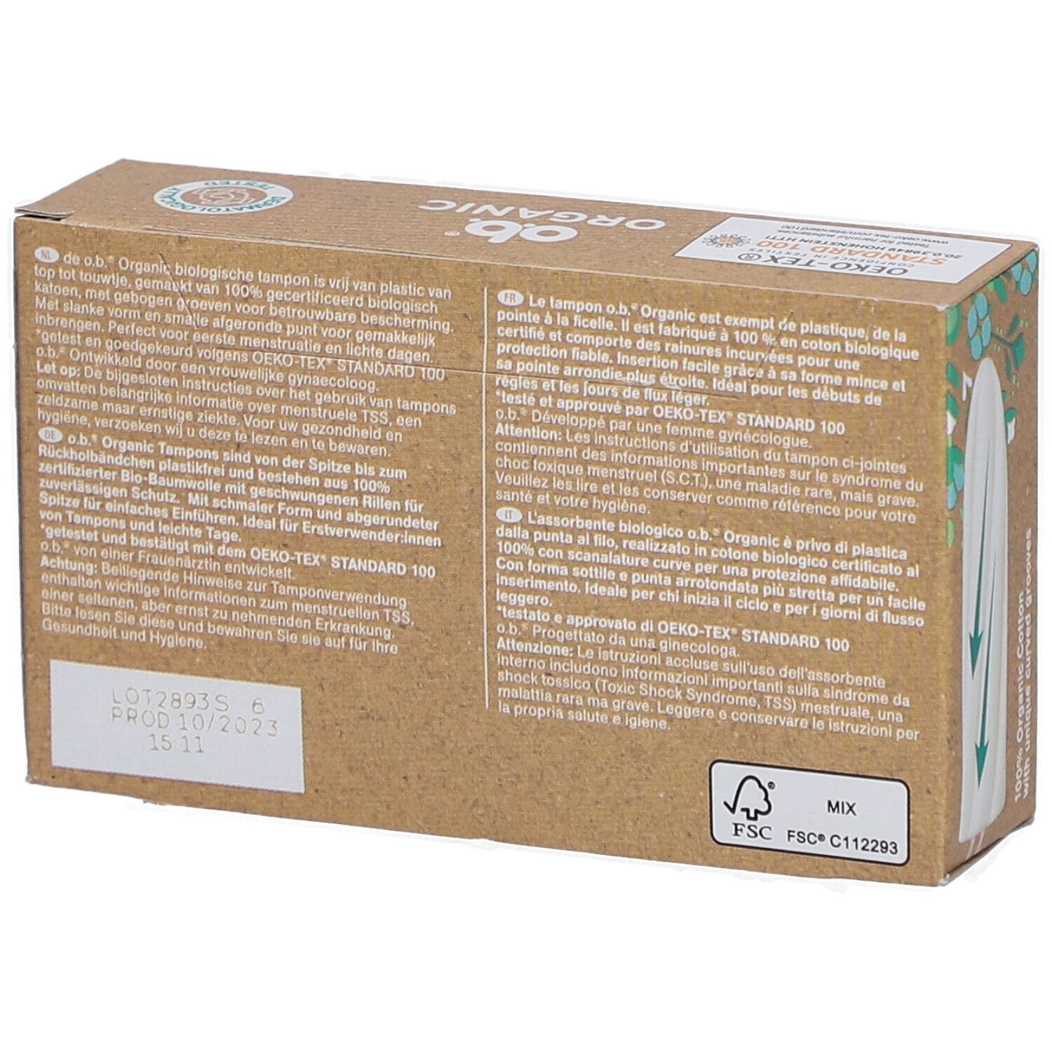 Achterkant van de O.B. Organic Mini tamponverpakking. Tekst in het Duits, Frans, Italiaans en Nederlands. FSC-certificering.