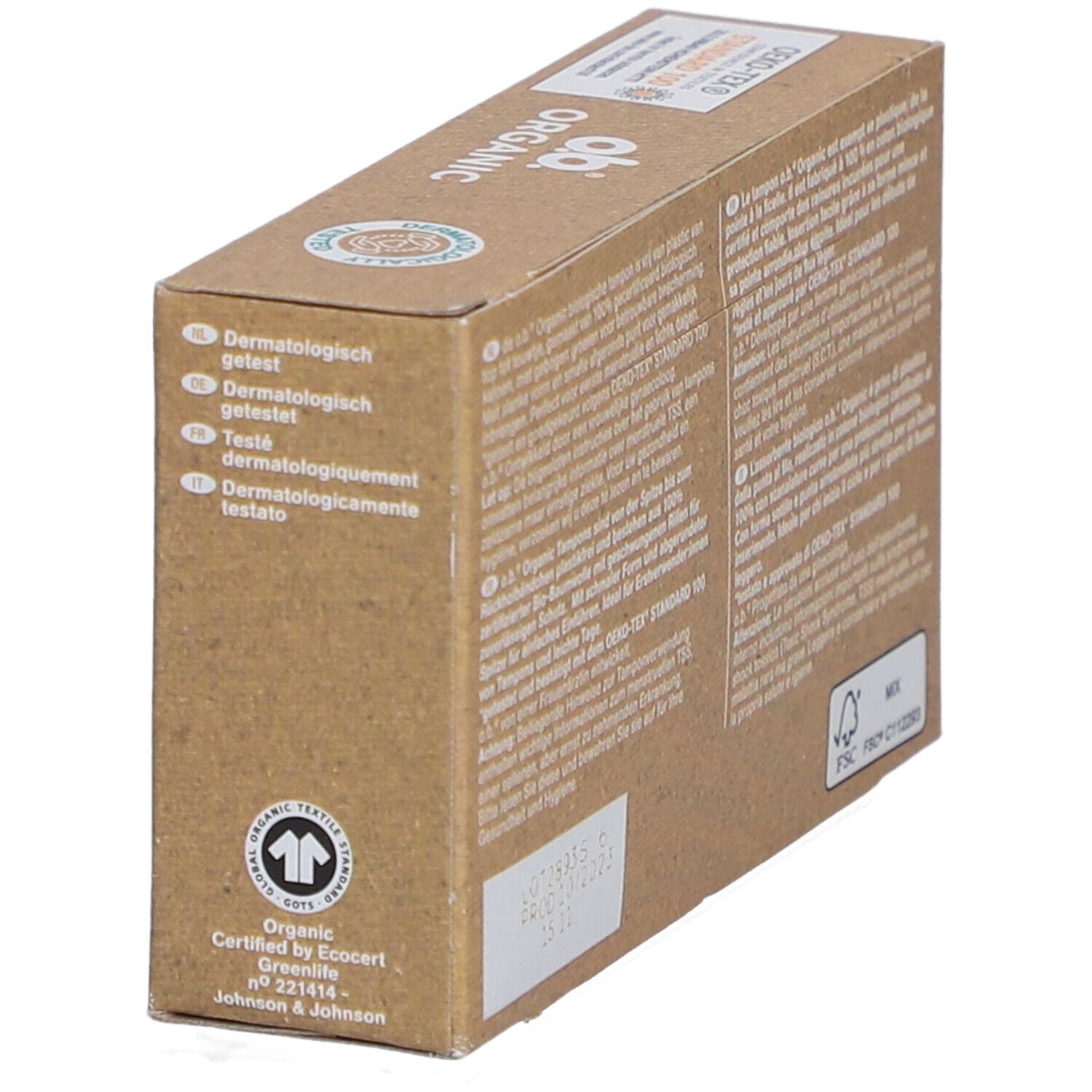 Zijkant van de O.B. Organic Mini tamponverpakking. Tekst in het Duits, Frans, Italiaans en Nederlands. EcoCert-certificering.
