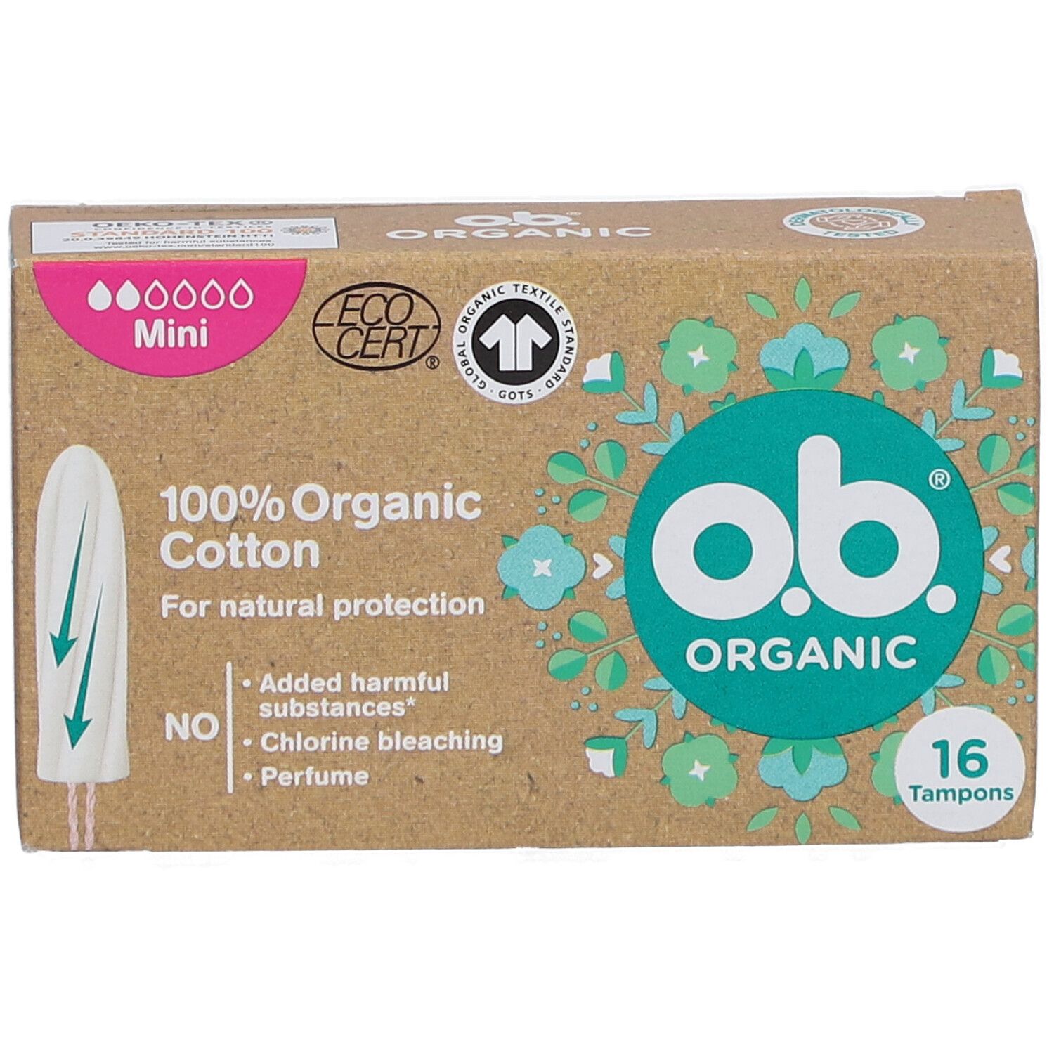 Doosje O.B. Organic Mini tampons. 16 stuks. 100% biologisch katoen. Gecertificeerd door EcoCert.