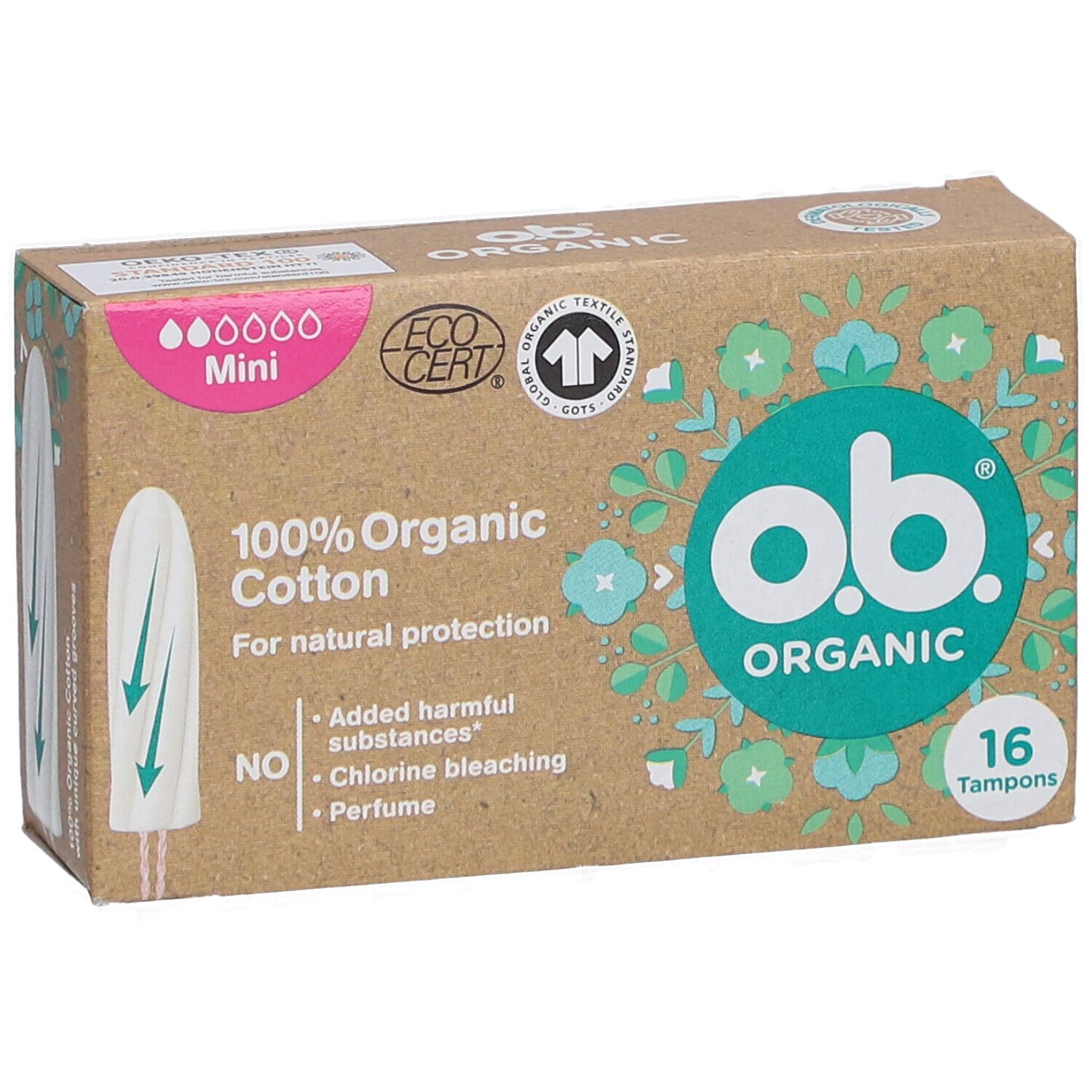 Doosje O.B. Organic Mini tampons. 16 stuks. 100% biologisch katoen. Gecertificeerd door EcoCert.