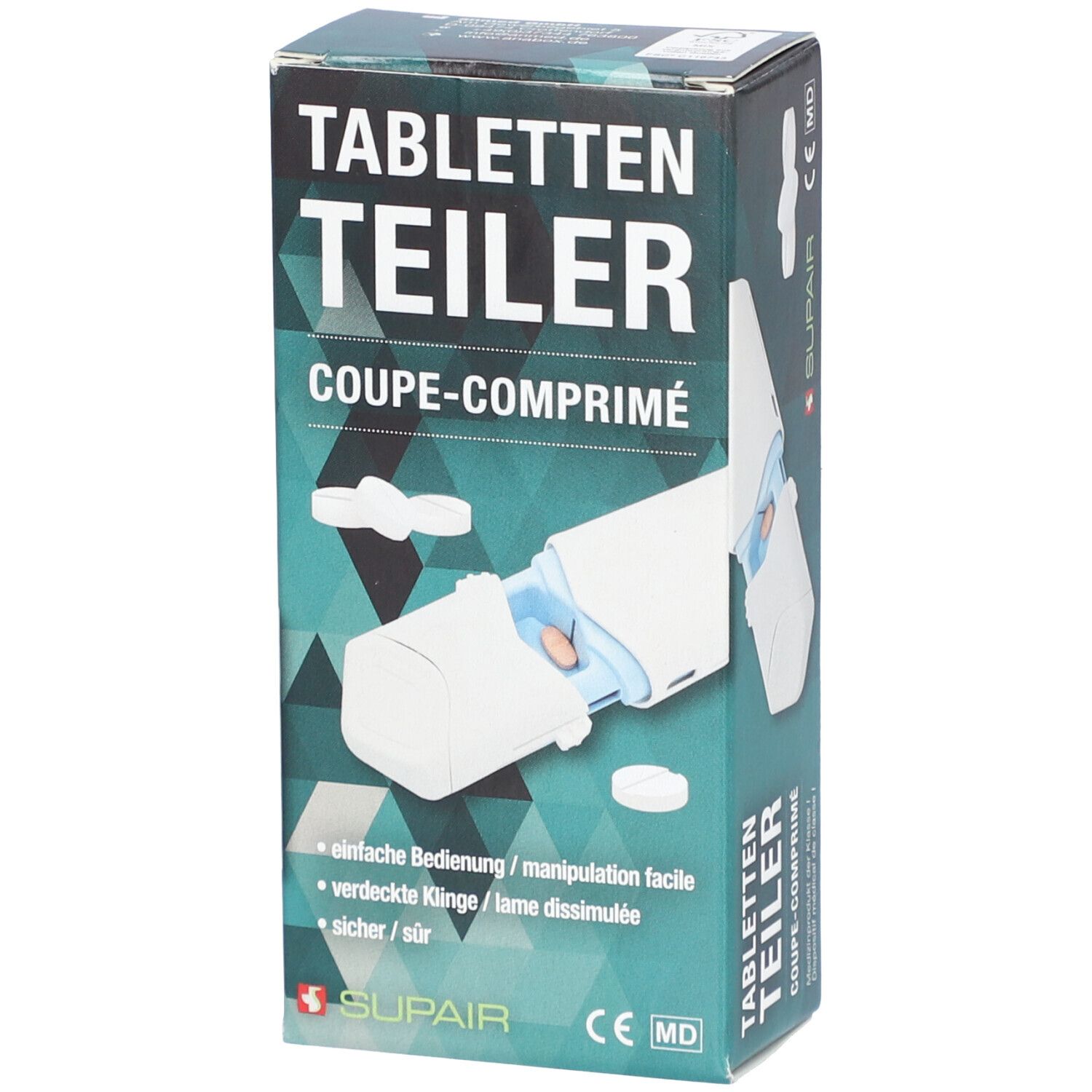 Boîte SUPAIR Coupe-comprimés. Image du produit et nom. Couleurs vert et blanc.