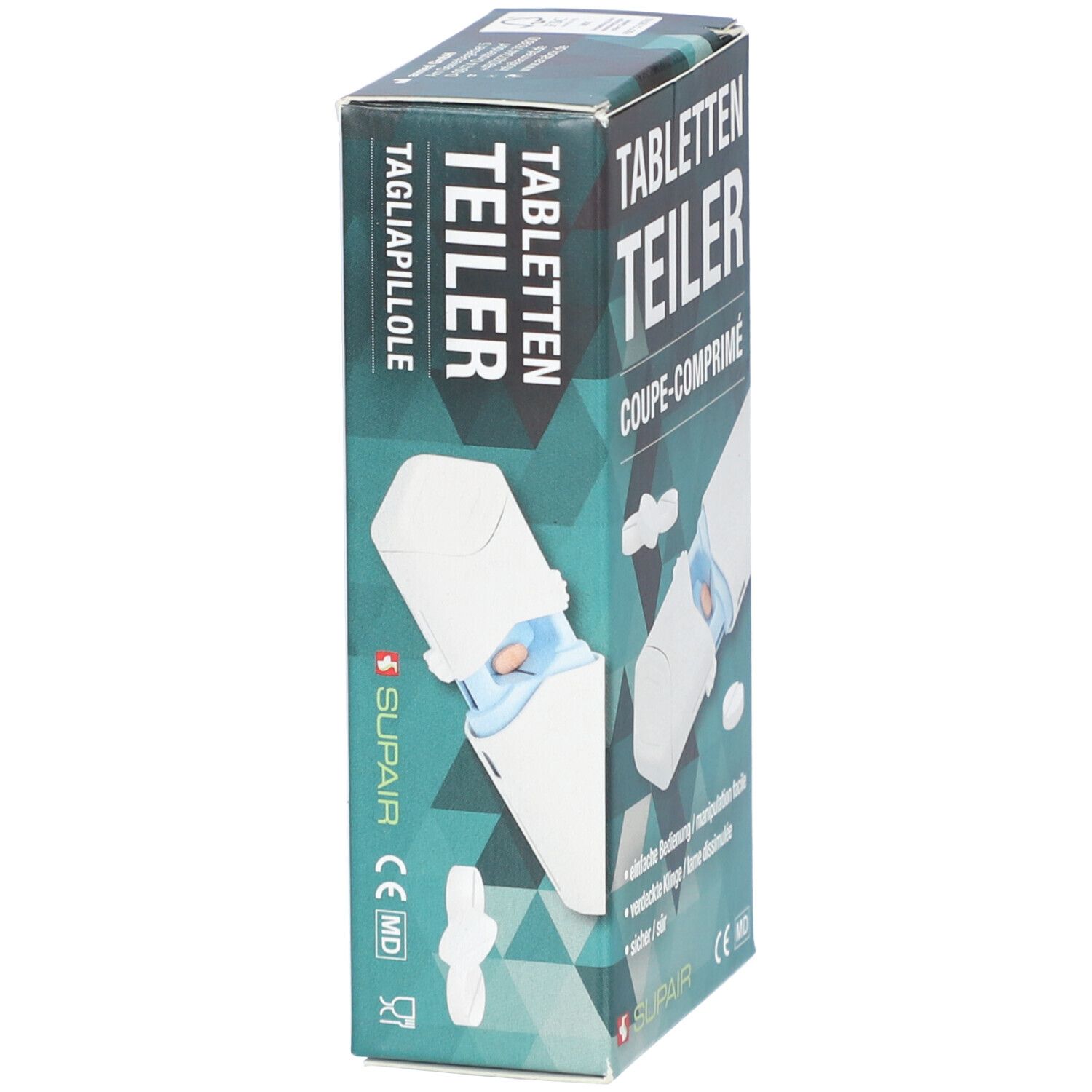 Boîte SUPAIR Coupe-comprimés. Image du produit et nom. Couleurs vert et blanc.