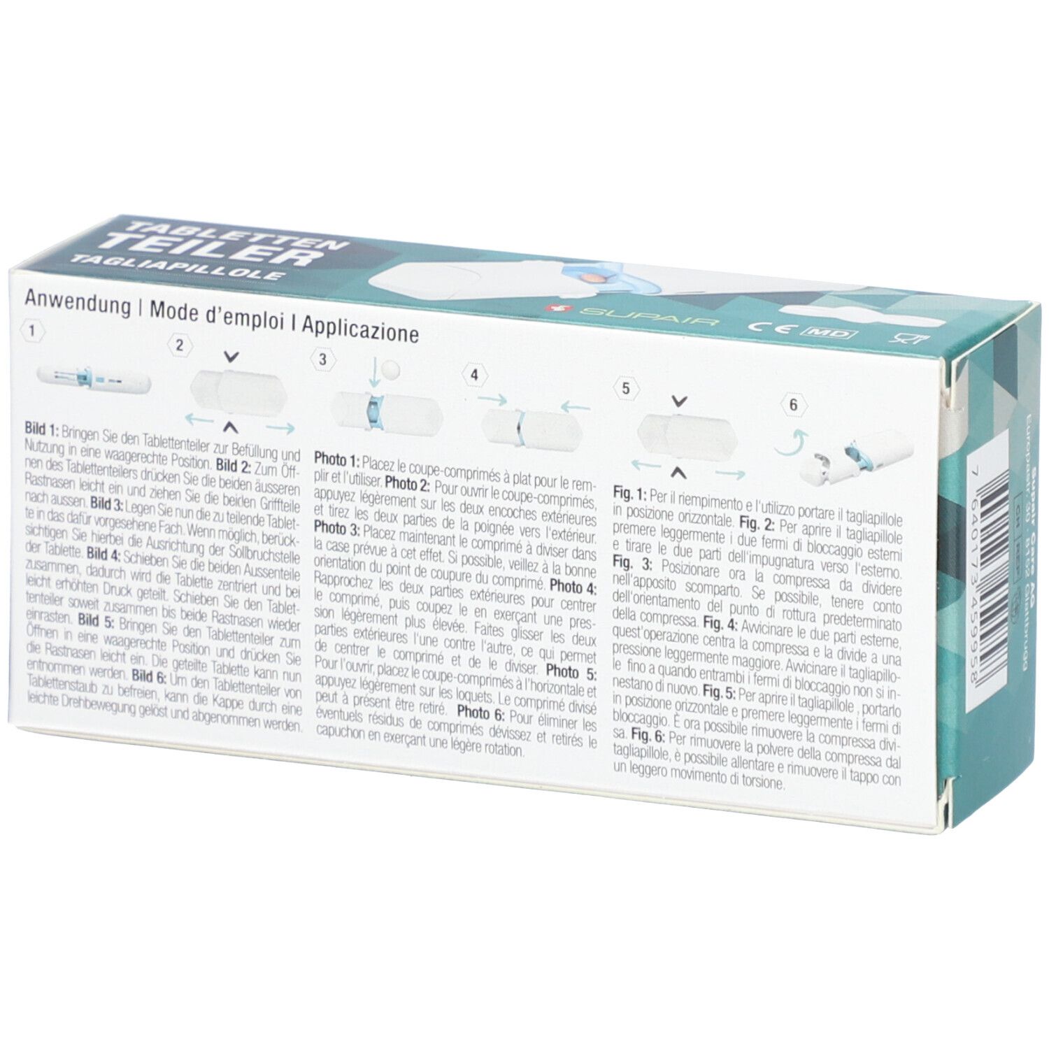Dos de la boîte SUPAIR Coupe-comprimés. Instructions d'utilisation multilingues.