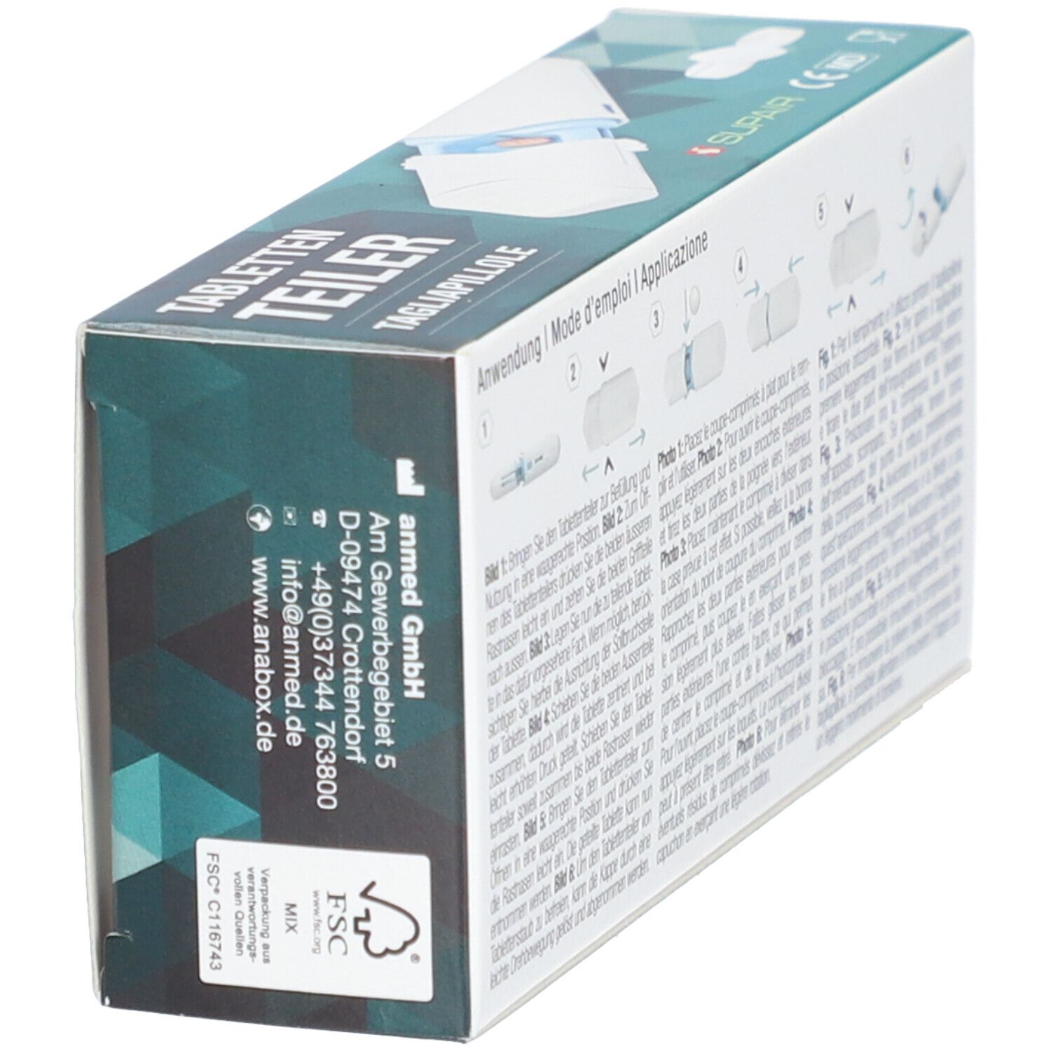 Boîte SUPAIR Coupe-comprimés. Informations fabricant et logo FSC.