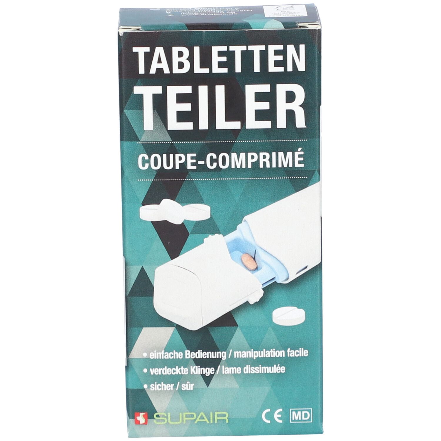 Boîte SUPAIR Coupe-comprimés. Image du produit et nom. Couleurs vert et blanc.