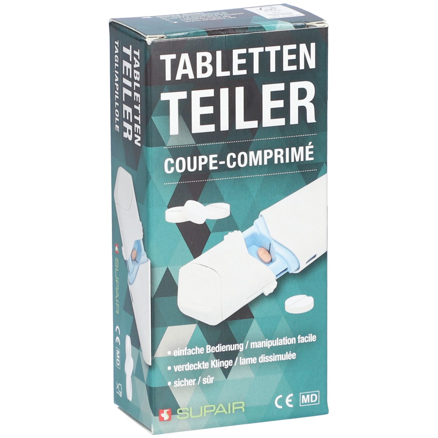 Boîte SUPAIR Coupe-comprimés. Image du produit et nom. Couleurs vert et blanc.