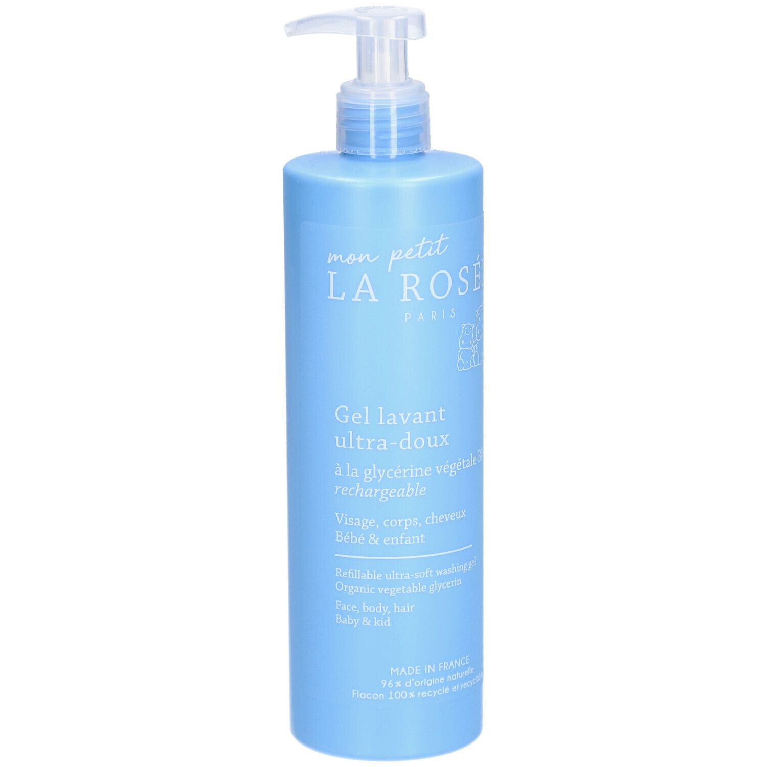 Flacon bleu clair avec pompe doseuse. Inscription : LA ROSÉE, Gel lavant ultra-doux. Pour visage, corps, cheveux, bébé & enfant.