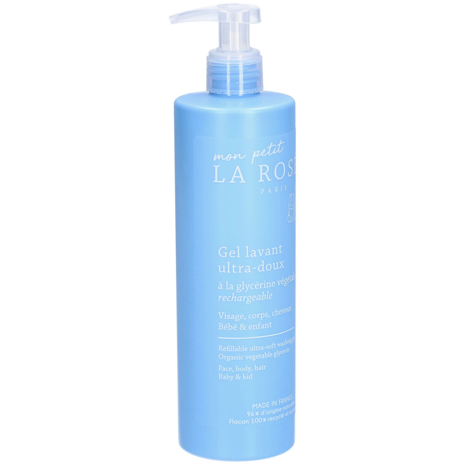 Flacon bleu clair avec pompe doseuse. Inscription : LA ROSÉE, Gel lavant ultra-doux. Pour visage, corps, cheveux, bébé & enfant.