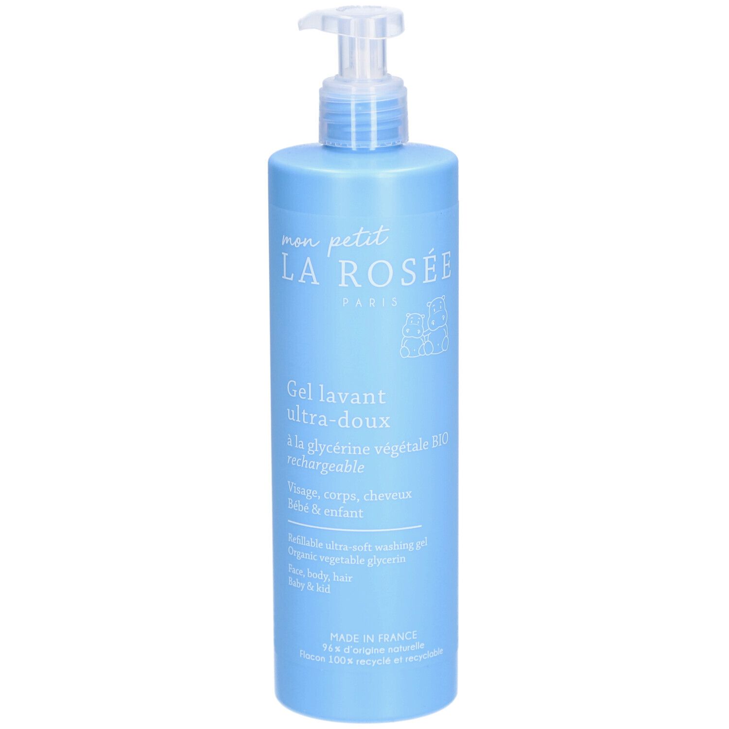 Flacon bleu clair avec pompe doseuse. Inscription : LA ROSÉE, Gel lavant ultra-doux BIO. Pour visage, corps, cheveux, bébé & enfant.