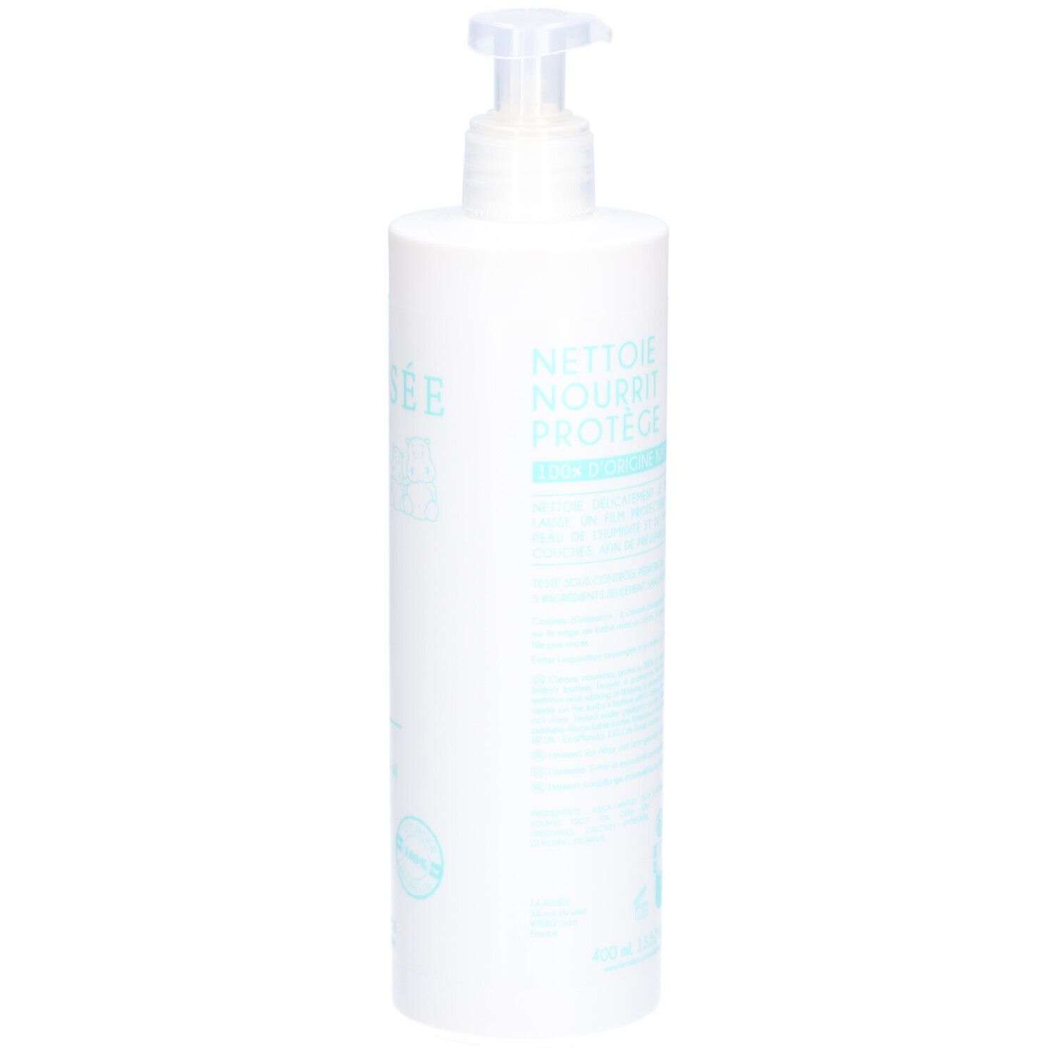 Flacon blanc avec pompe. Inscription LA ROSÉE. Informations produit en turquoise. Logo de certification.