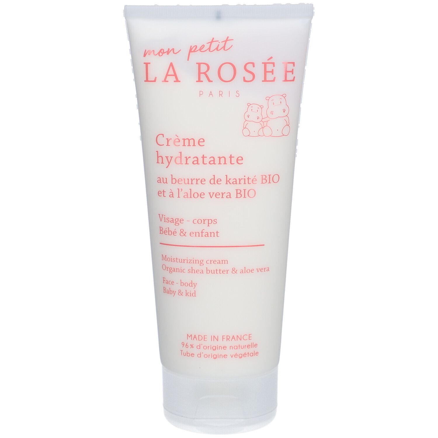 Tube blanc avec texte rose. "LA ROSÉE" et "Crème hydratante" visibles. Pour bébés et enfants.
