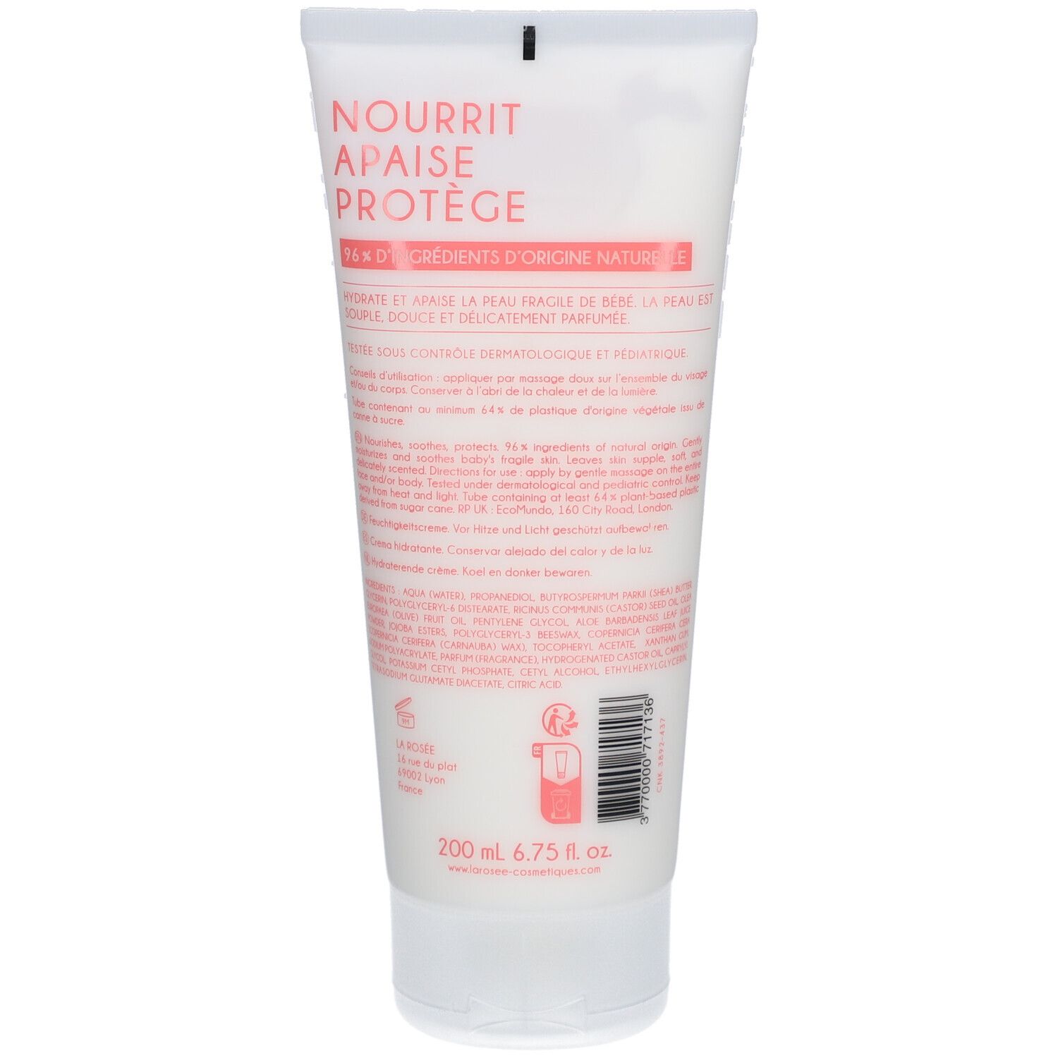 Dos d'un tube blanc. Texte rose. Contient des informations sur les ingrédients et le fabricant.