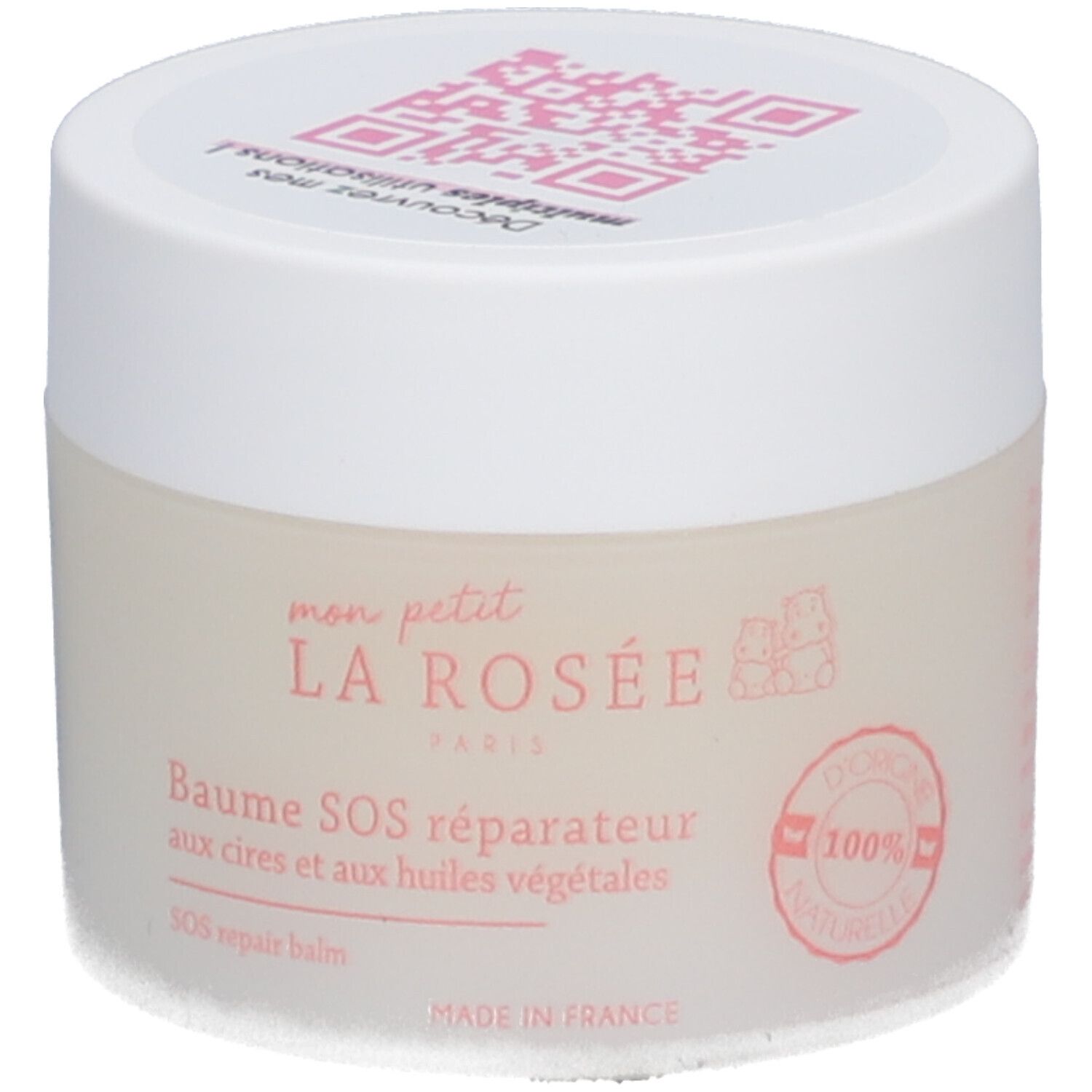 Pot de crème avec couvercle blanc. Inscription: LA ROSÉE, Baume SOS réparateur. 100% naturel.