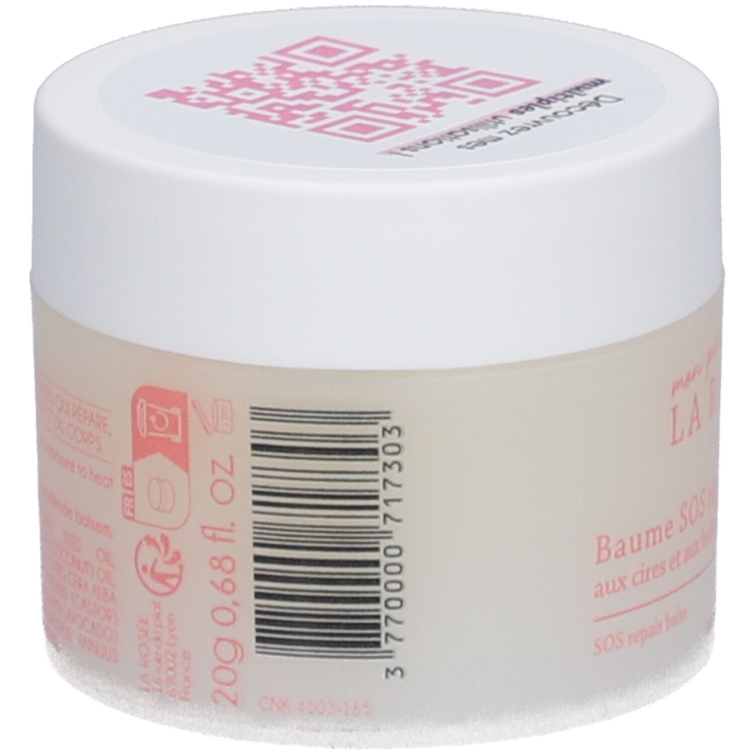 Pot de crème avec couvercle blanc. Inscription: LA ROSÉE, Baume SOS réparateur. Code-barres et 20g/0.68 fl. oz.