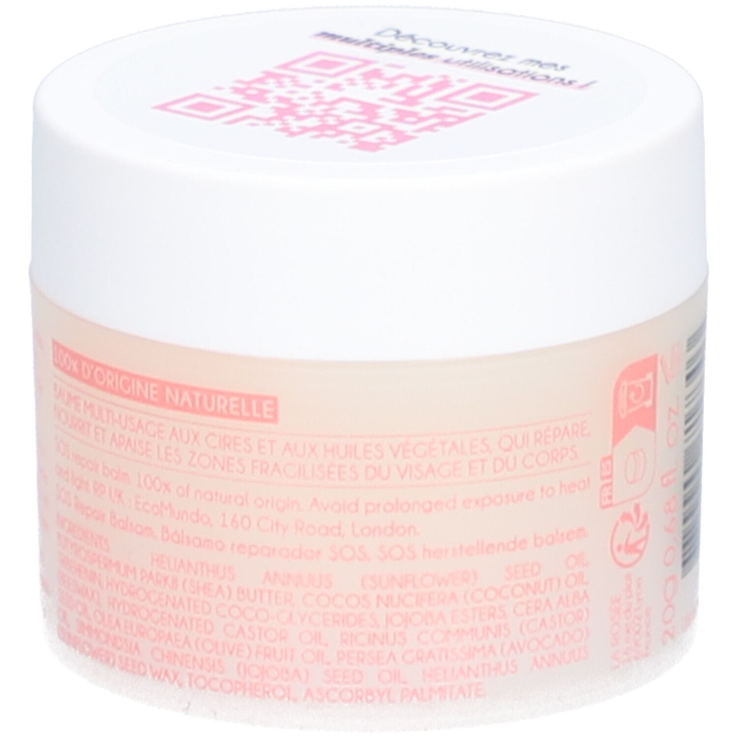 Pot de crème avec couvercle blanc. Inscription: LA ROSÉE, Baume SOS réparateur. Liste des ingrédients et origine.